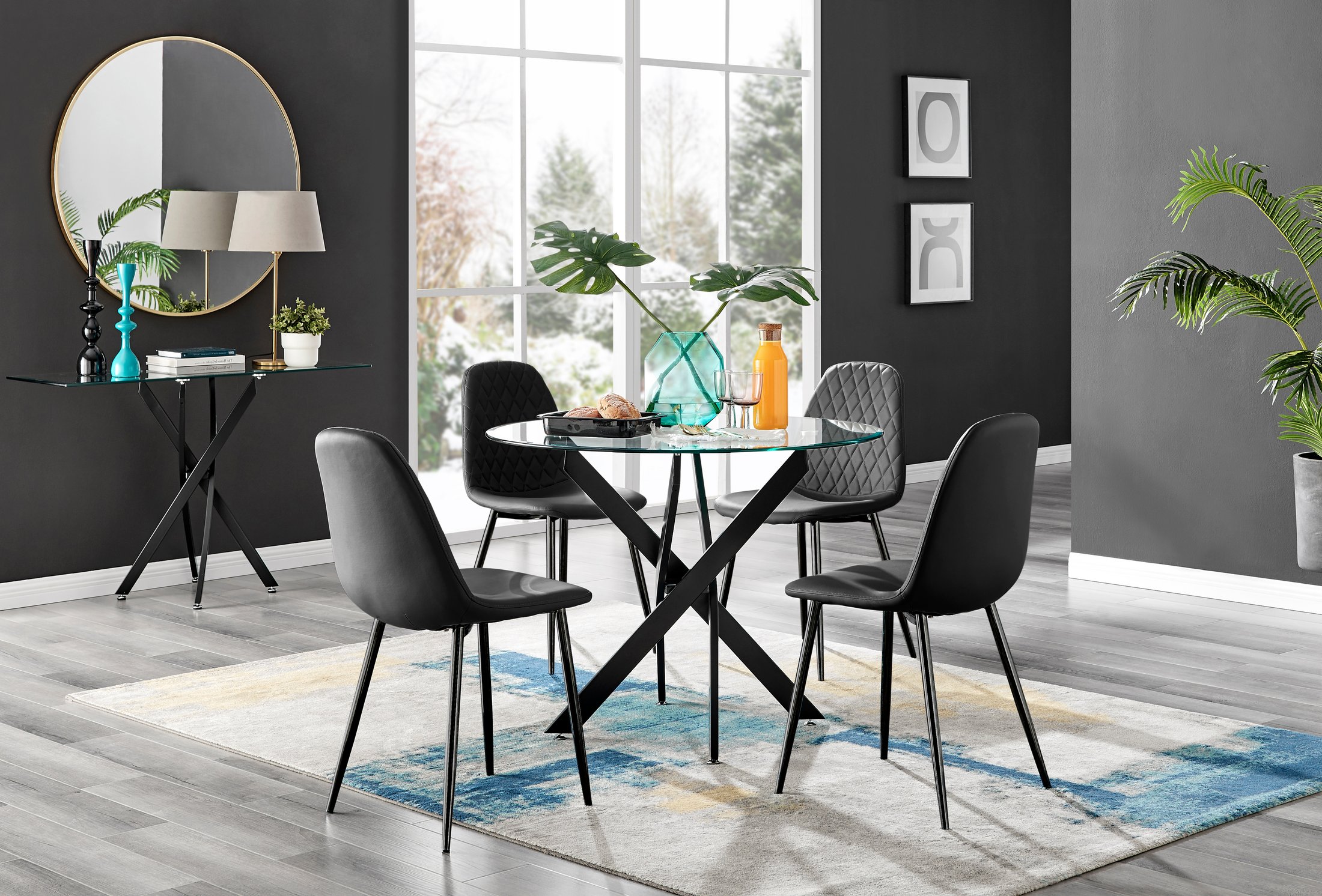 NOVARA 100cm Round Glass and Black Leg Dining Table & 4 Faux Leather Chairs - Picture 12 of 526