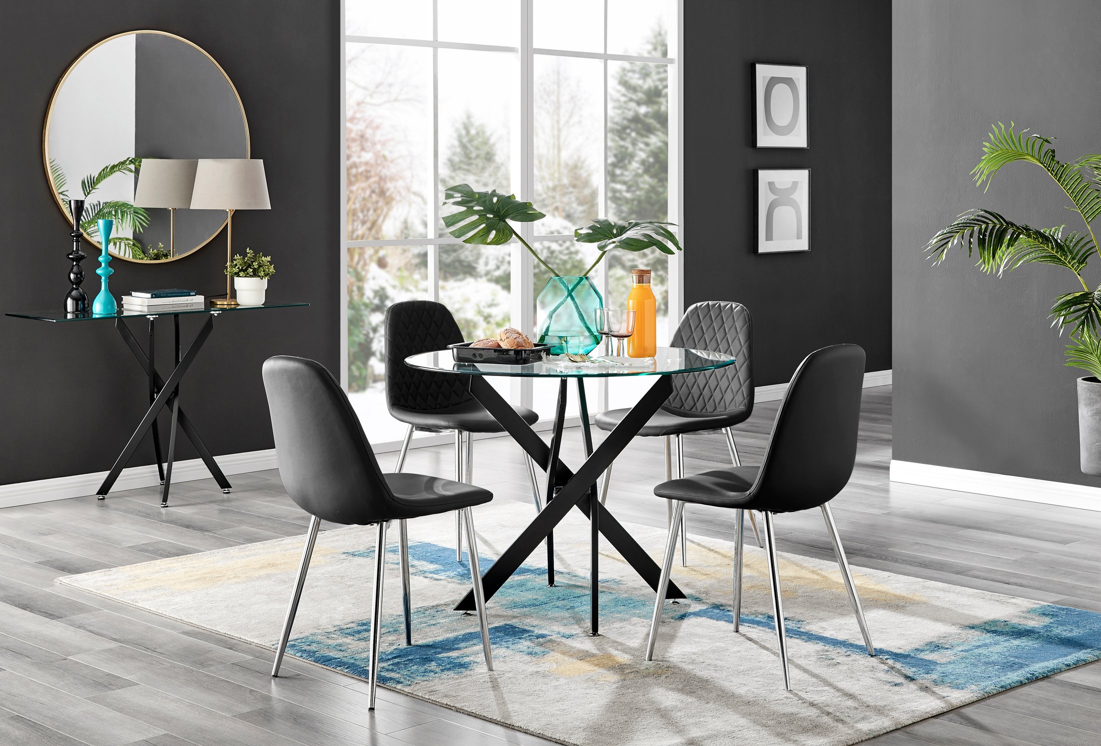 NOVARA 100cm Round Glass and Black Leg Dining Table & 4 Faux Leather Chairs - Picture 59 of 526