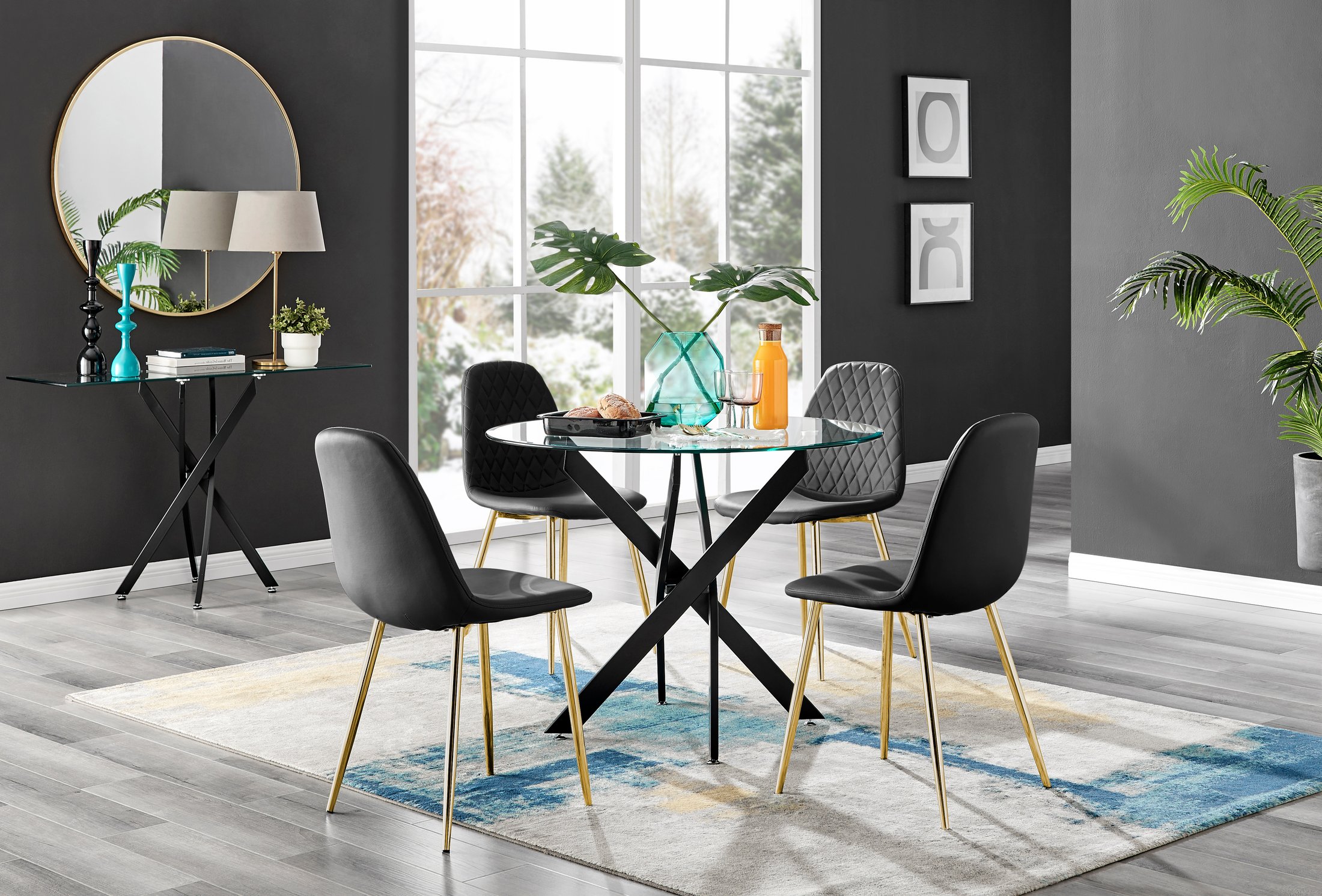NOVARA 100cm Round Glass and Black Leg Dining Table & 4 Faux Leather Chairs - Picture 107 of 526