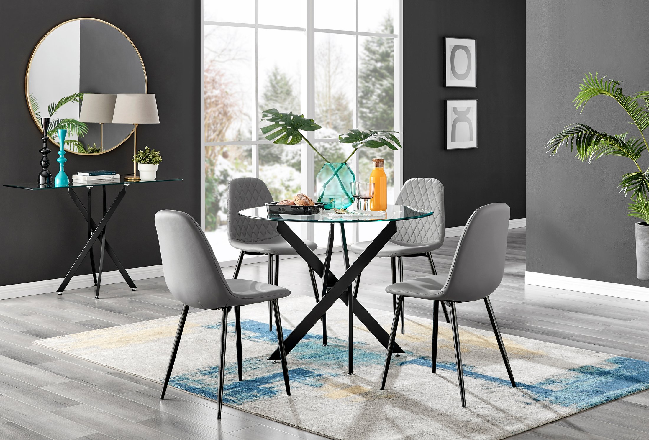 NOVARA 100cm Round Glass and Black Leg Dining Table & 4 Faux Leather Chairs - Picture 35 of 526