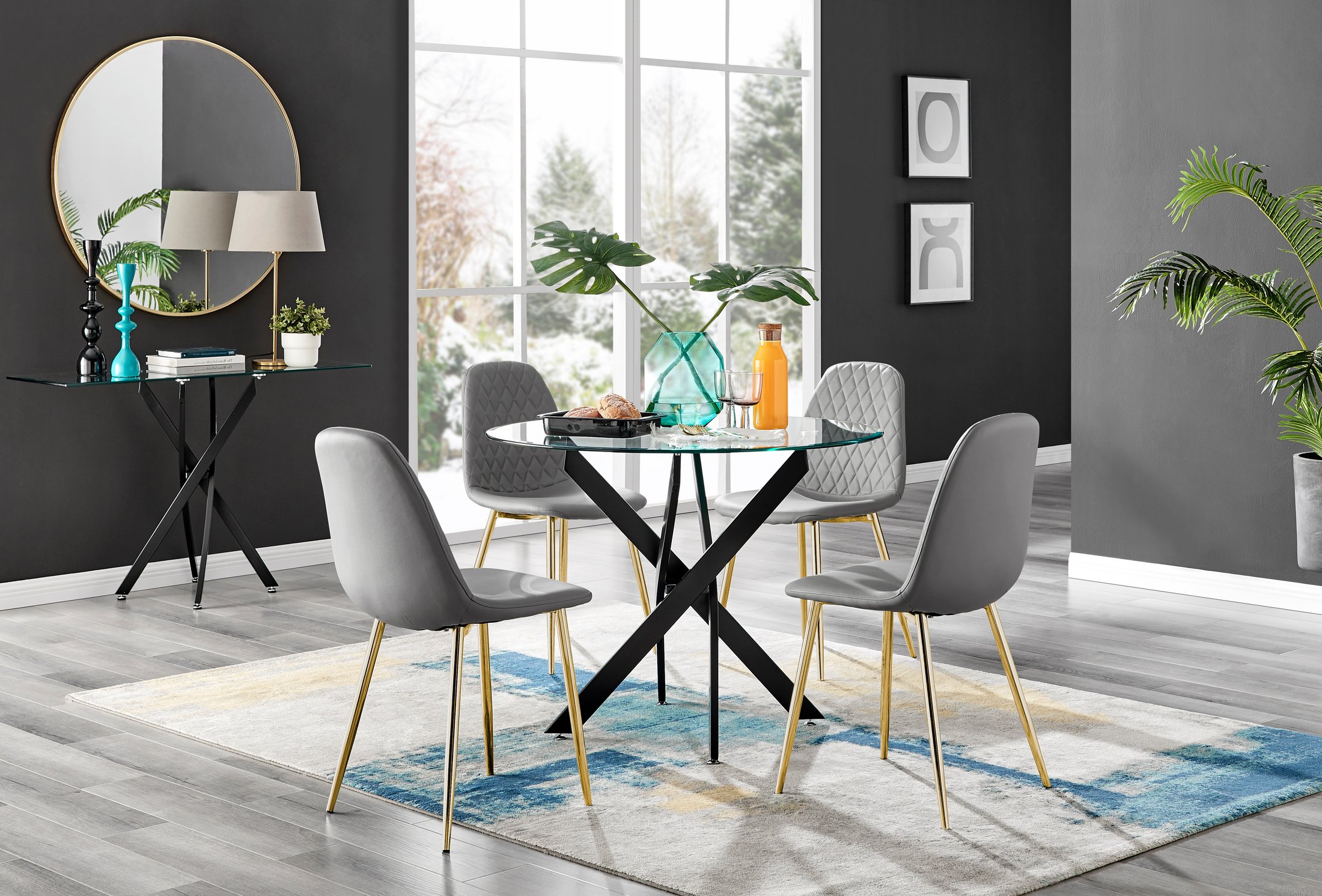 NOVARA 100cm Round Glass and Black Leg Dining Table & 4 Faux Leather Chairs - Picture 131 of 526