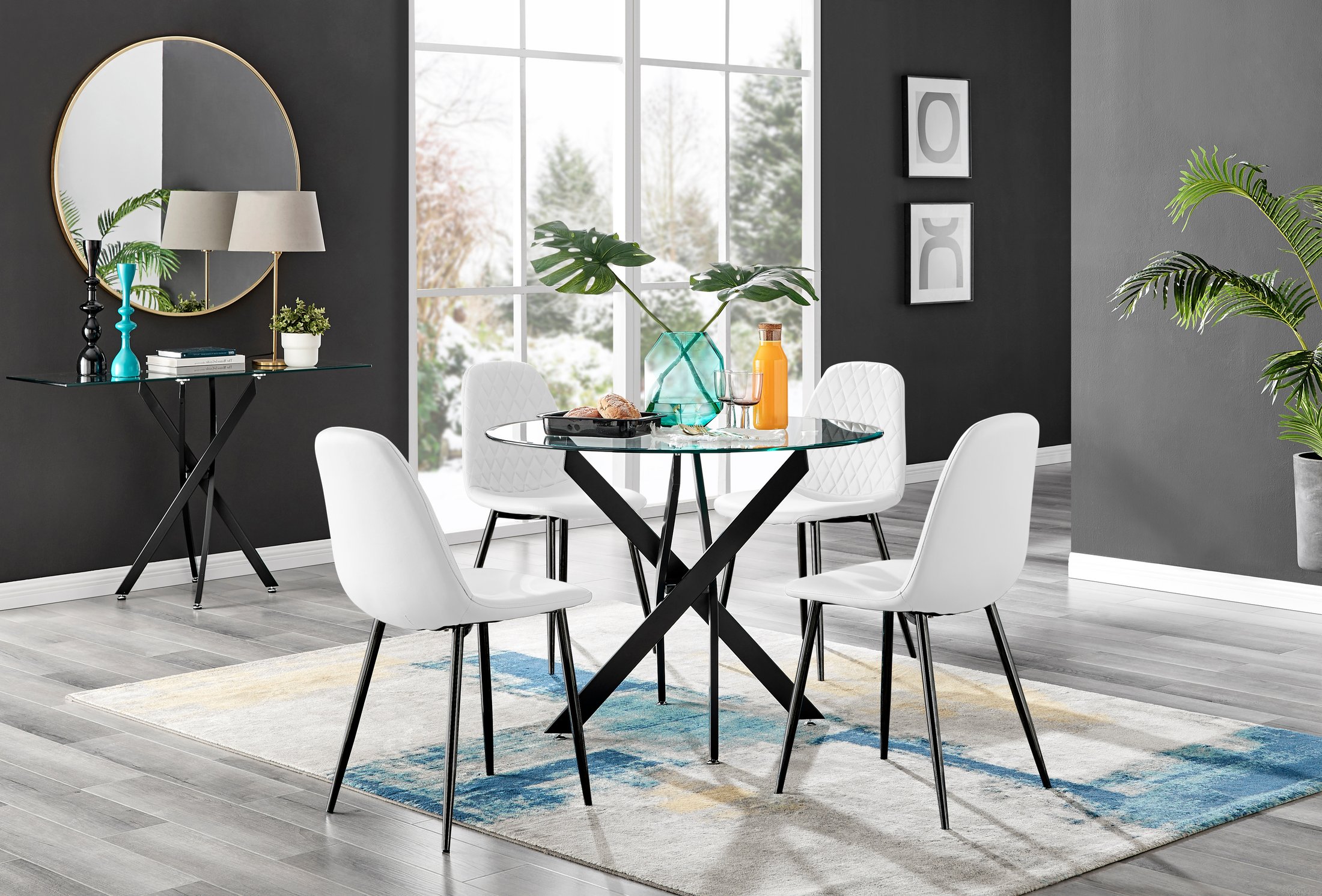 NOVARA 100cm Round Glass and Black Leg Dining Table & 4 Faux Leather Chairs - Picture 47 of 526