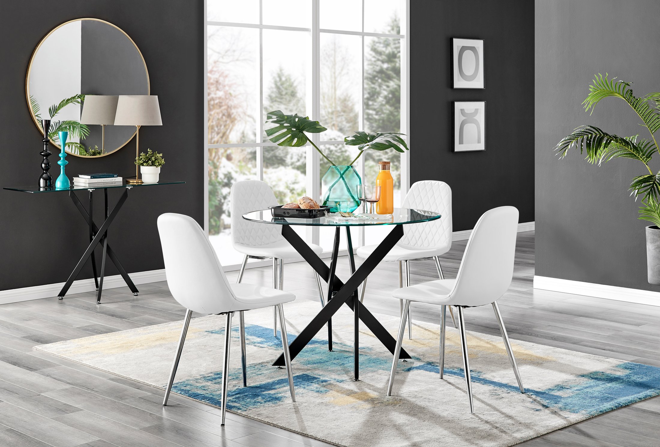 NOVARA 100cm Round Glass and Black Leg Dining Table & 4 Faux Leather Chairs - Picture 95 of 526
