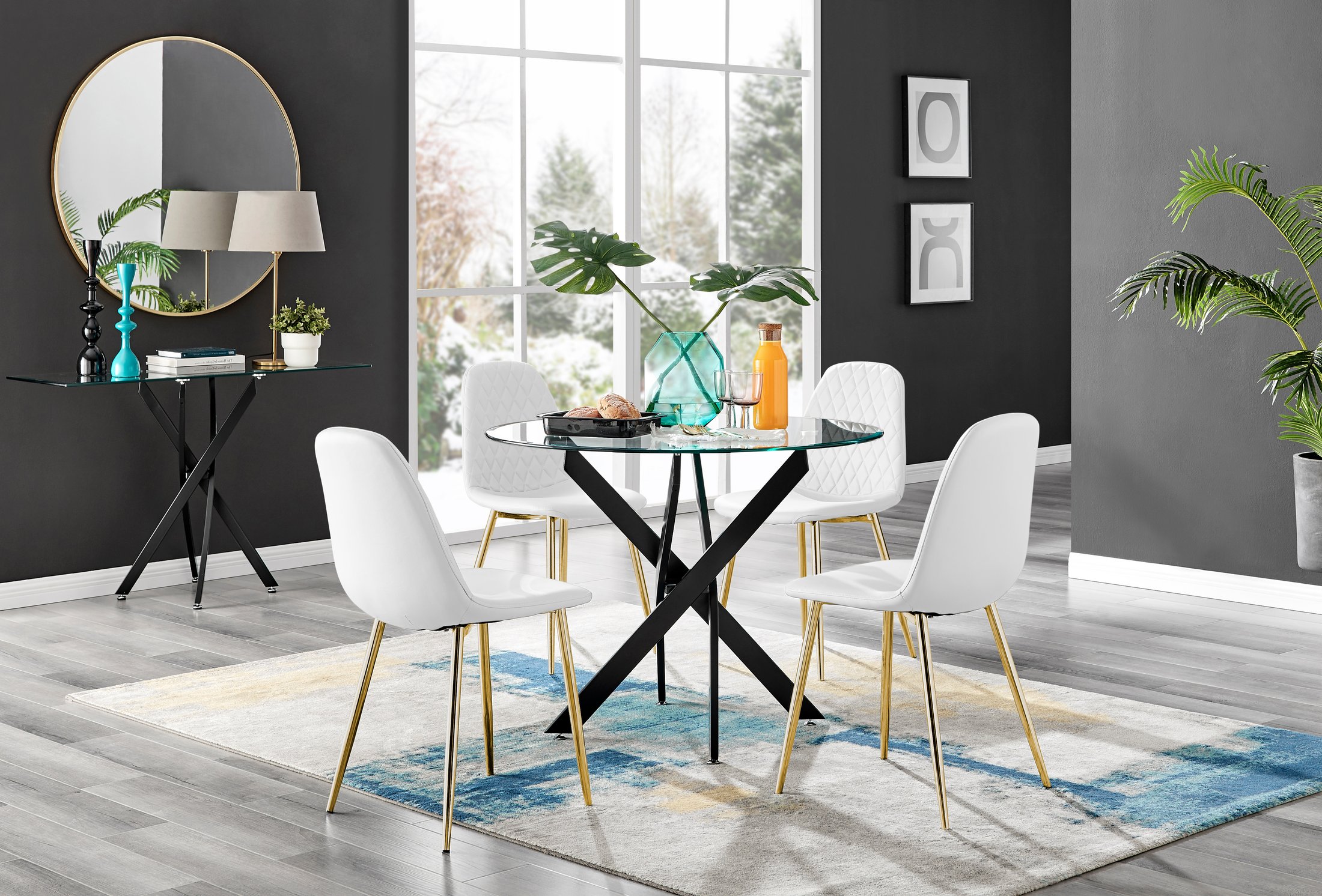 NOVARA 100cm Round Glass and Black Leg Dining Table & 4 Faux Leather Chairs - Picture 143 of 526