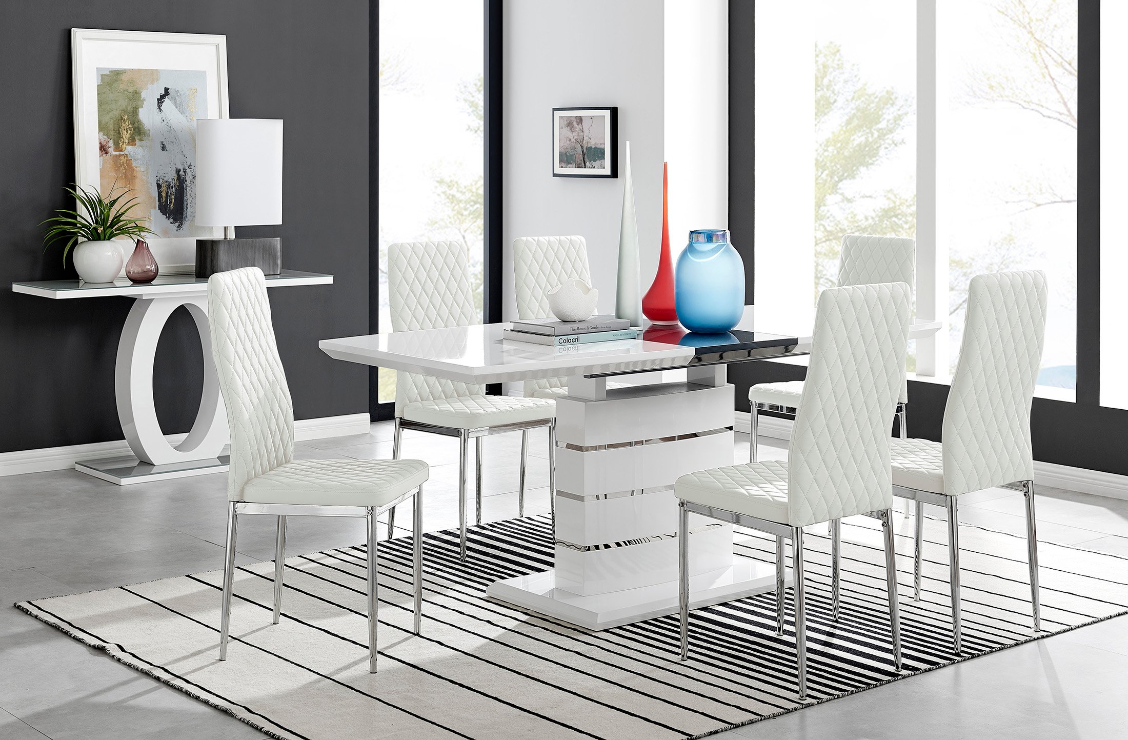 RENATO White Gloss Chrome Extending Dining Table &6/8 Faux Leather Dining Chairs - Picture 254 of 601