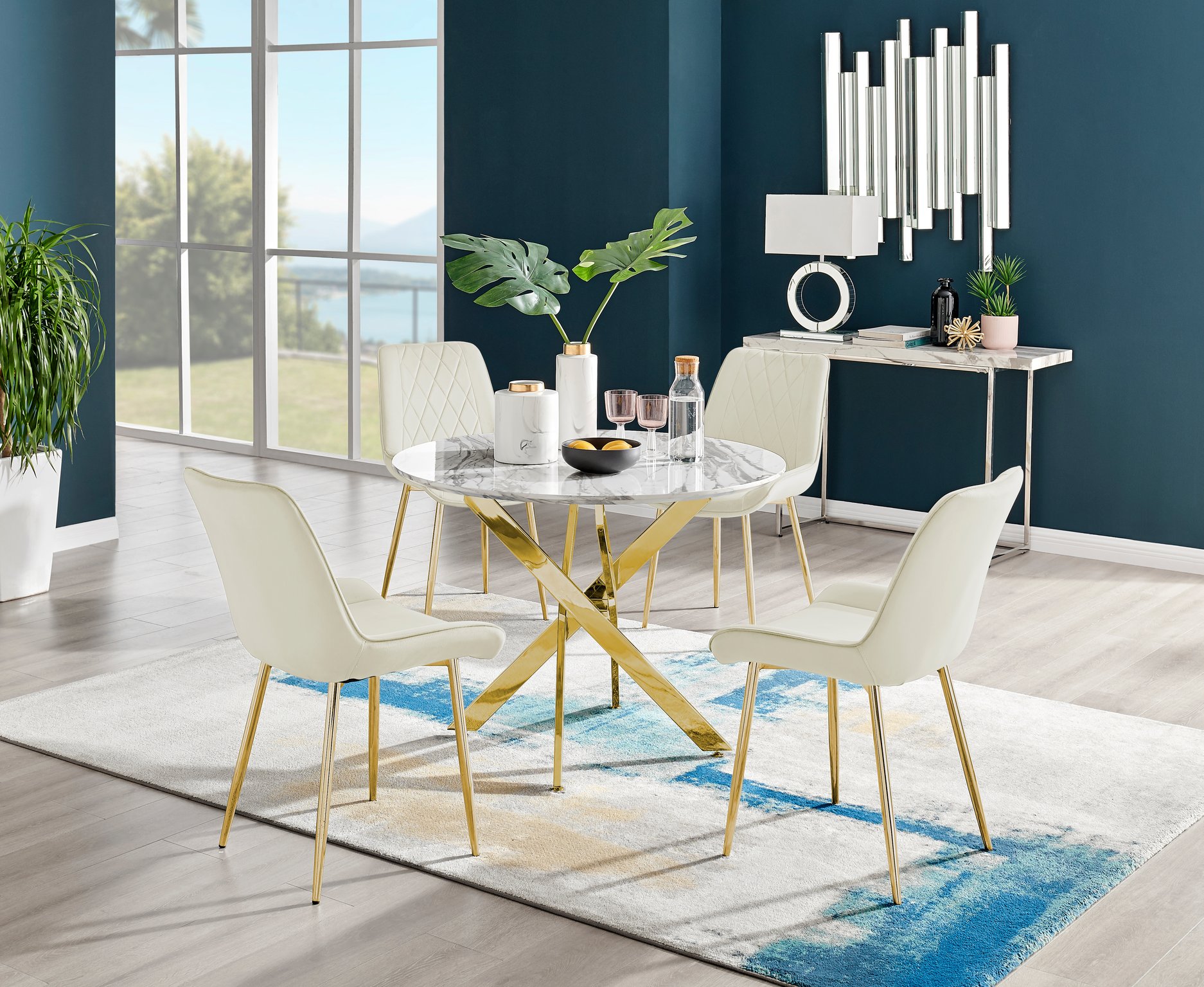 Novara White Marble Gold Leg Round Dining Table 100cm and 4 Pesaro