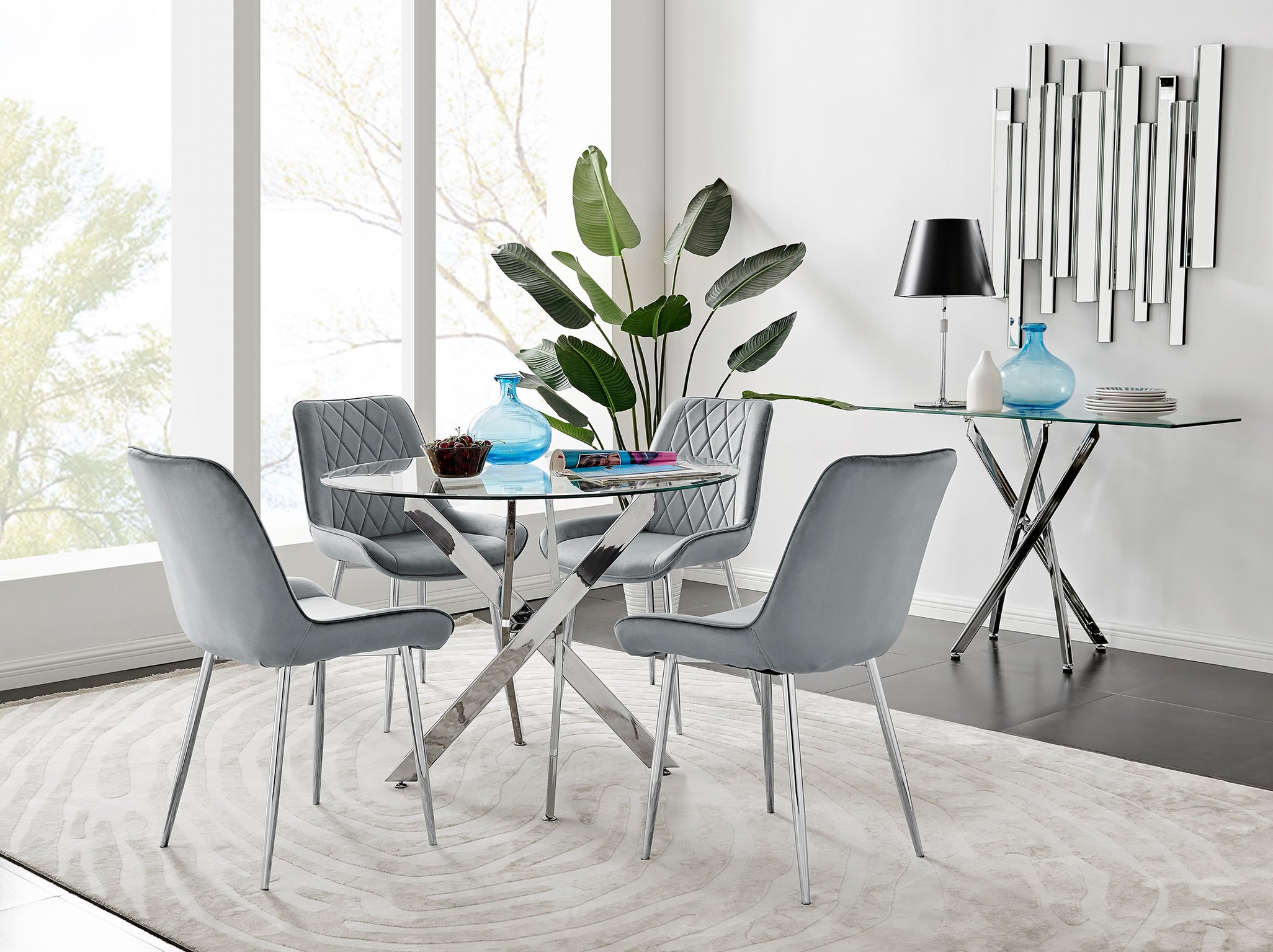 NOVARA Chrome Round Glass Dining Table and 4 Luxury Velvet Dining Chairs - Picture 57 of 248