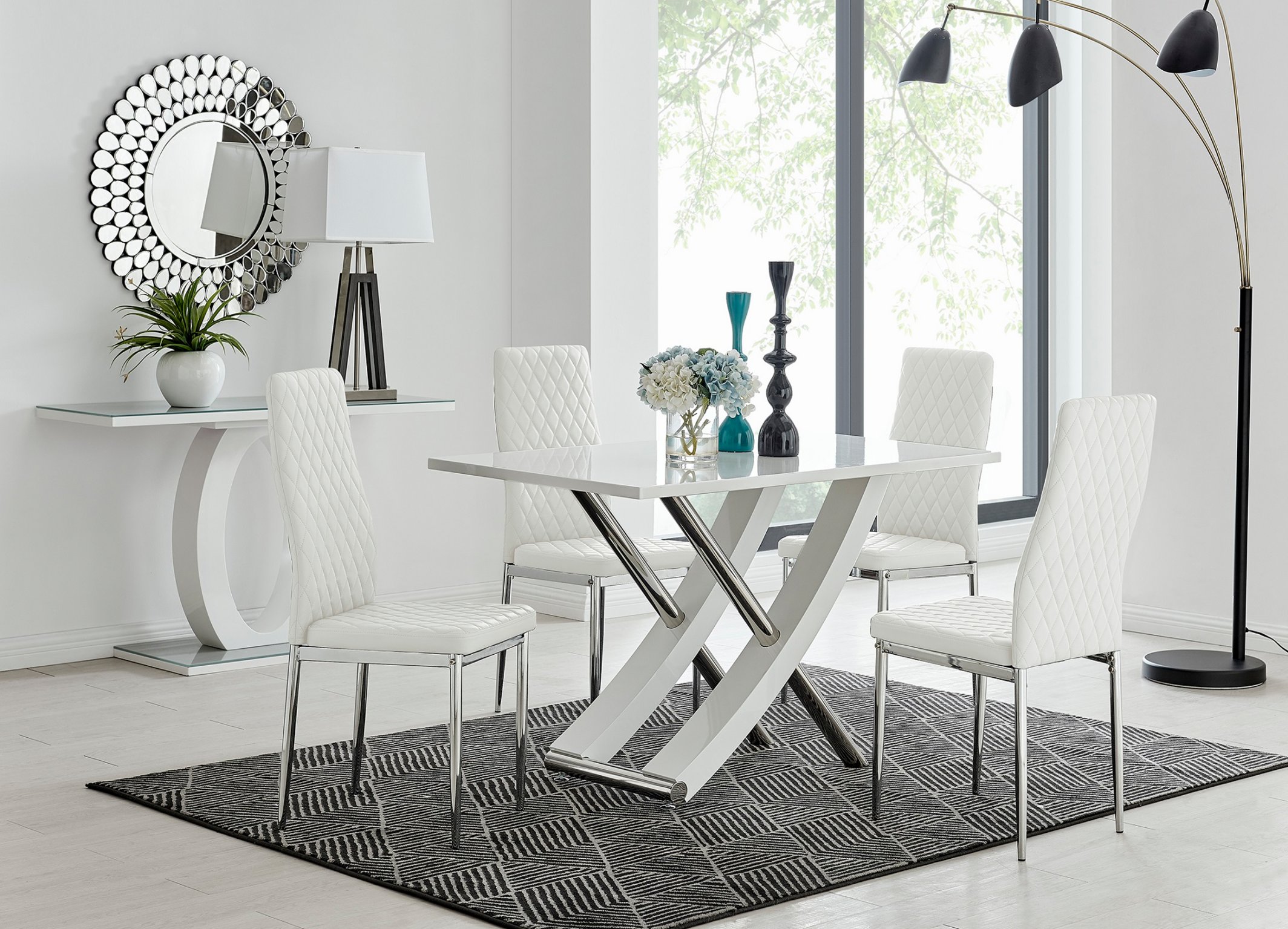 MAYFAIR White High Gloss Chrome Dining Table & 4 Faux Leather Dining Chairs - Picture 250 of 285