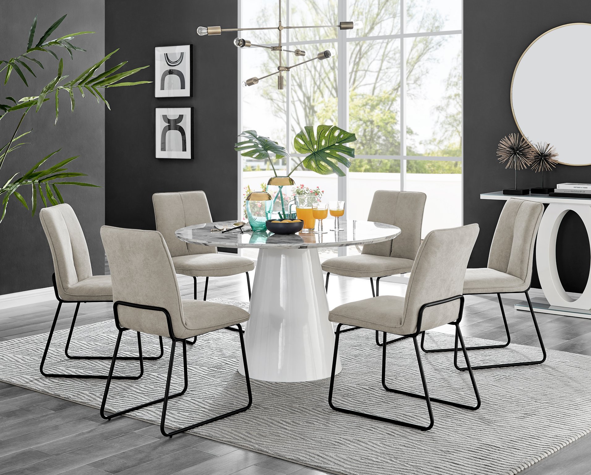 Palma White Marble Effect Round Dining Table and 4 Halle Black Leg Chairs Set - Picture 13 of 60
