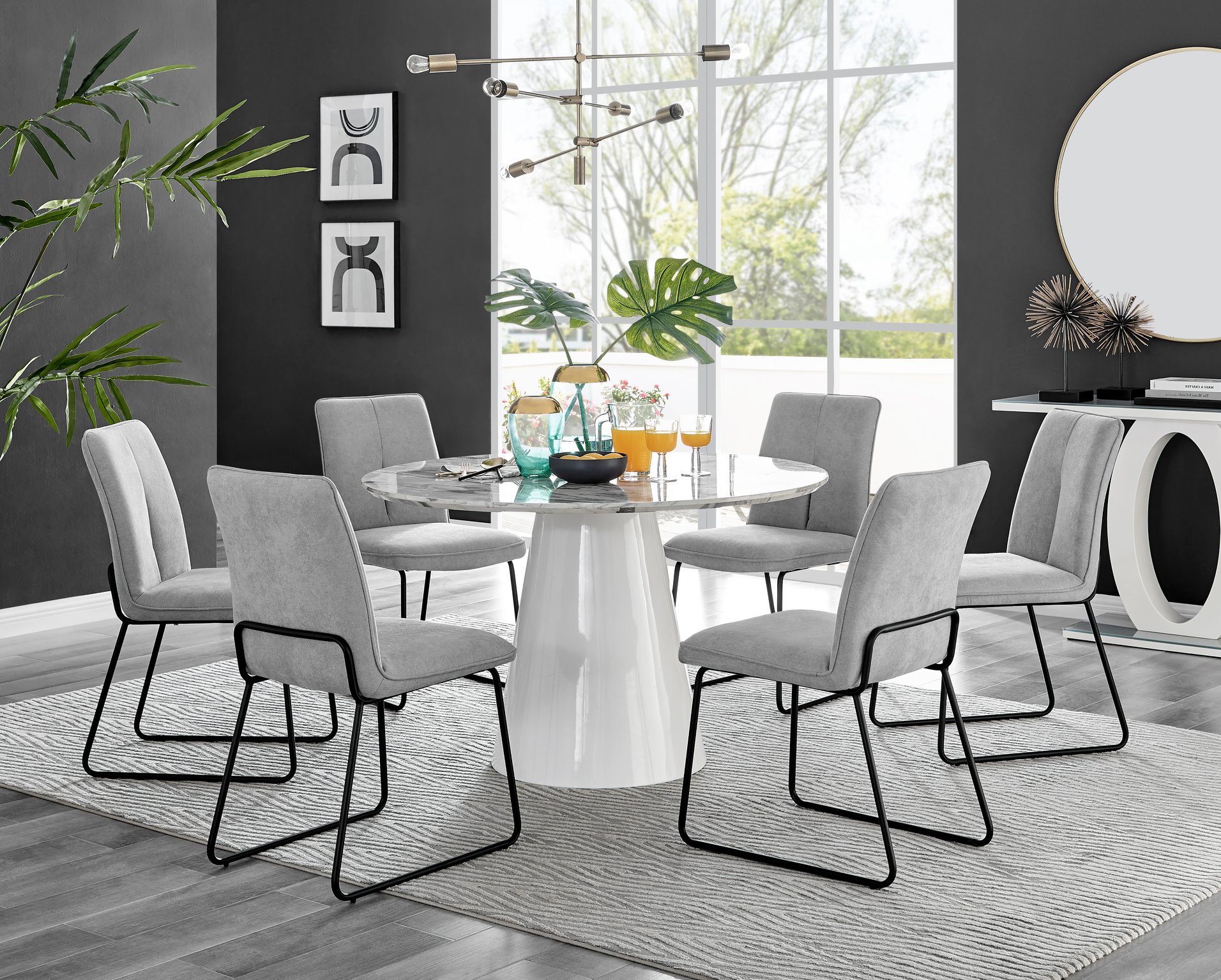 Palma White Marble Effect Round Dining Table and 4 Halle Black Leg Chairs Set - Picture 25 of 60