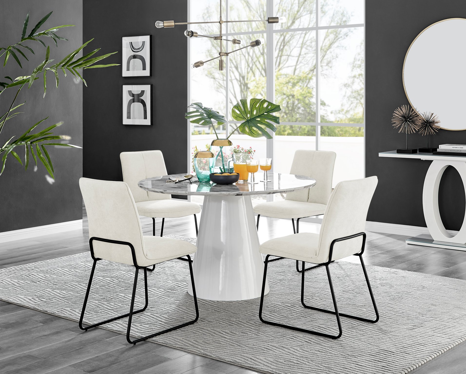 Palma White Marble Effect Round Dining Table and 4 Halle Black Leg Chairs Set - Picture 49 of 60