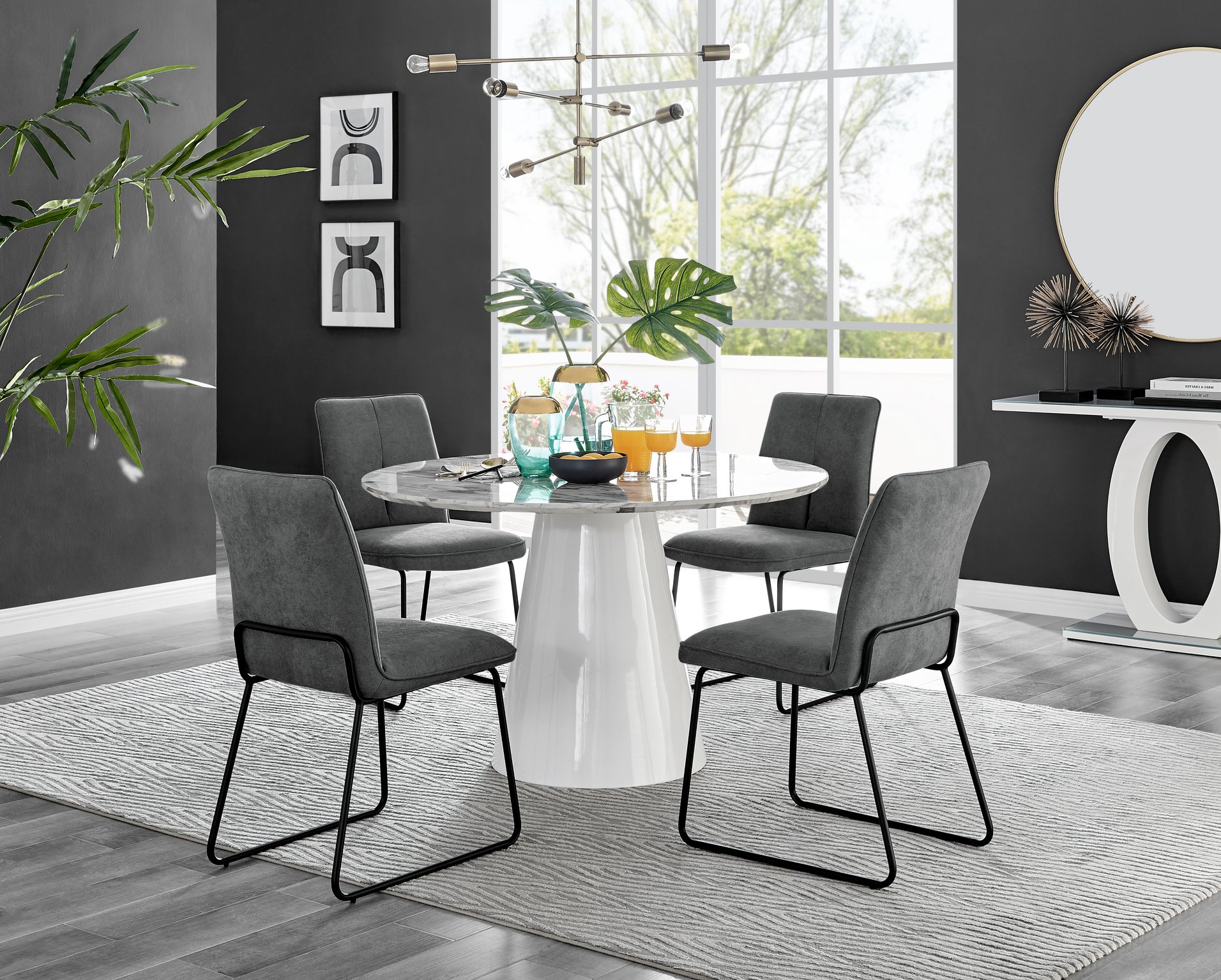 Palma White Marble Effect Round Dining Table and 4 Halle Black Leg Chairs Set - Picture 37 of 60