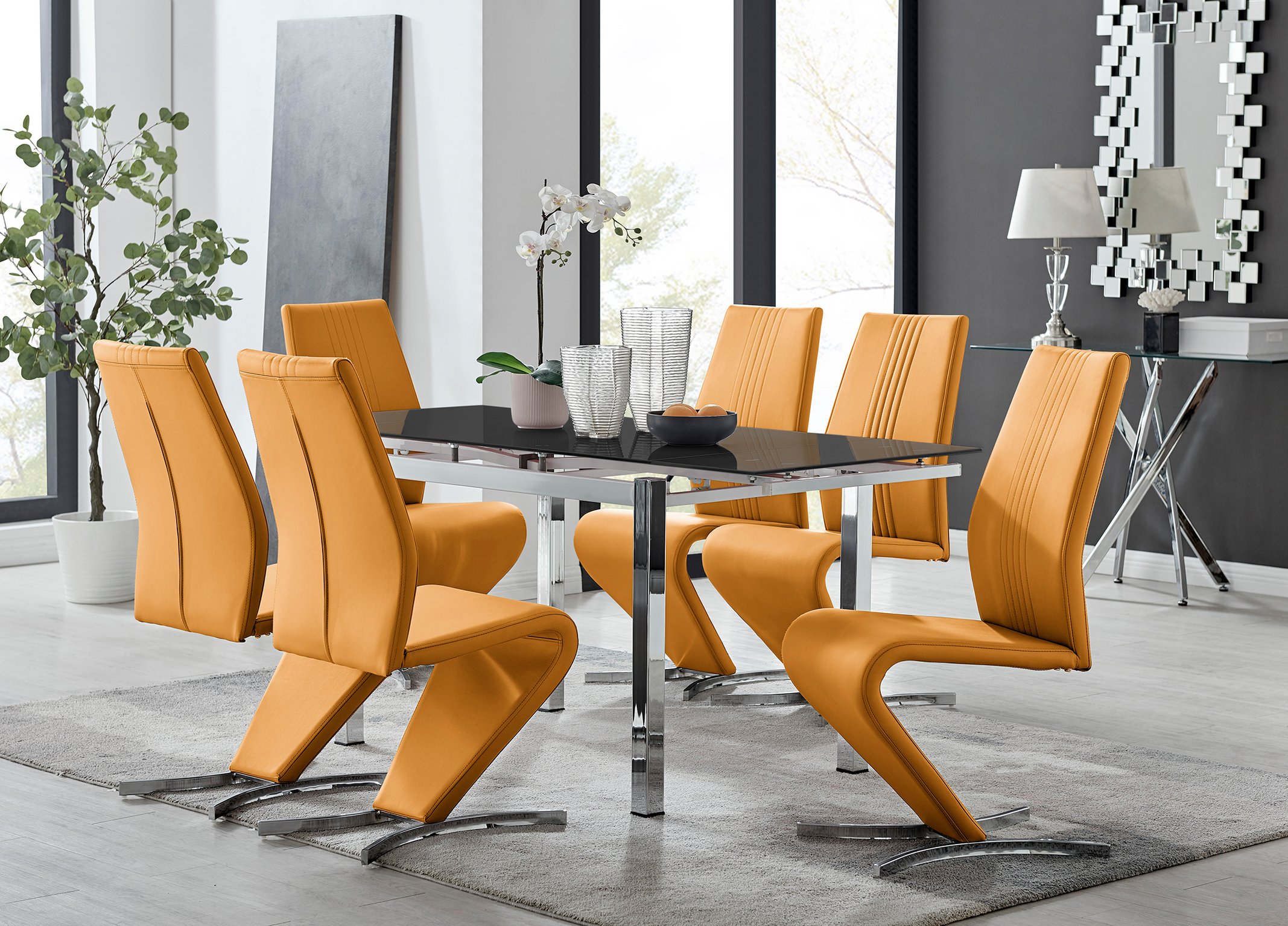 ENNA Black Glass Extending Dining Table & 6 Luxury Willow Dining Chairs