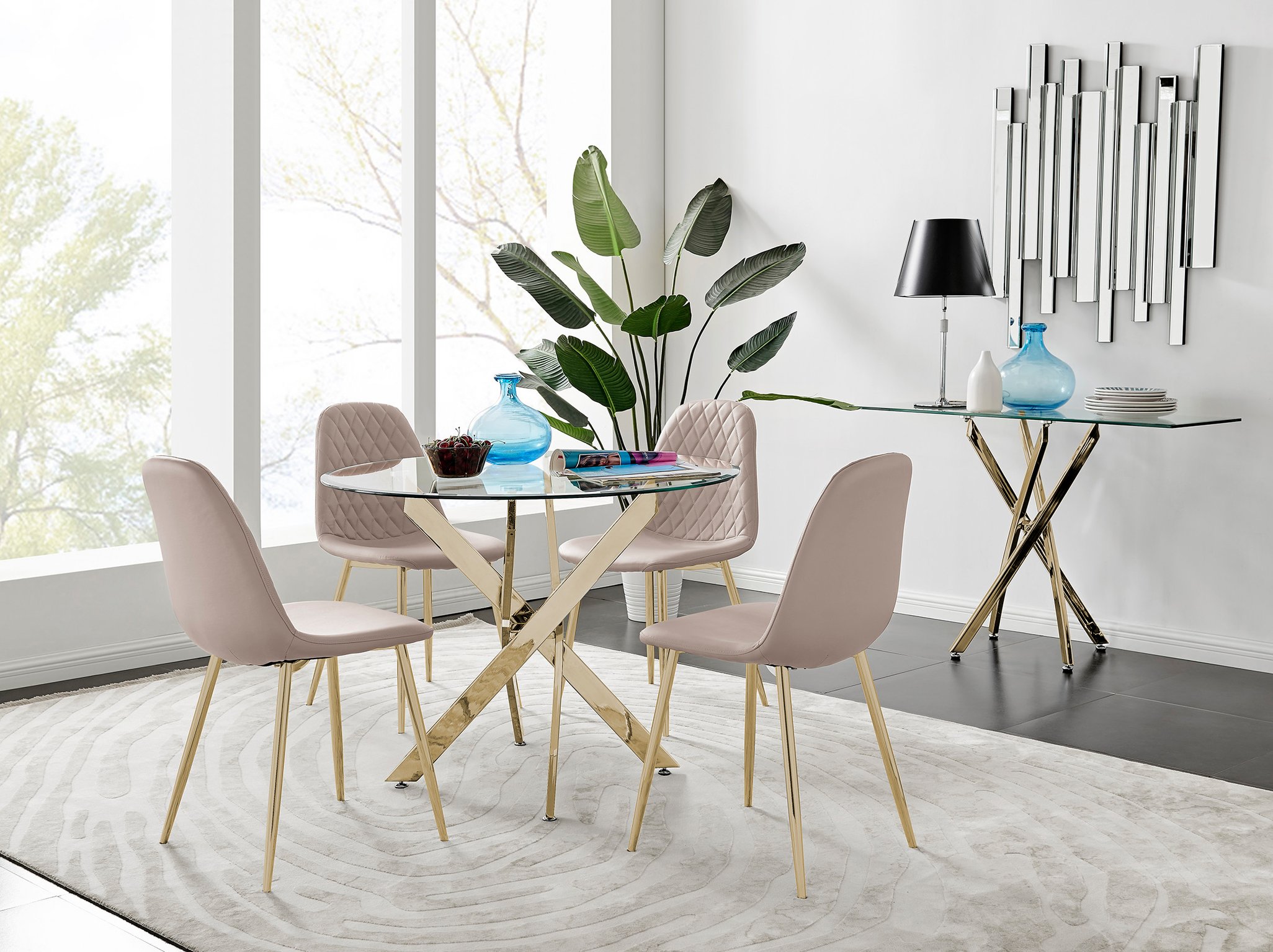 NOVARA Gold Round Tempered Glass Dining Table And 4 Faux Leather Dining Chairs - Picture 76 of 410