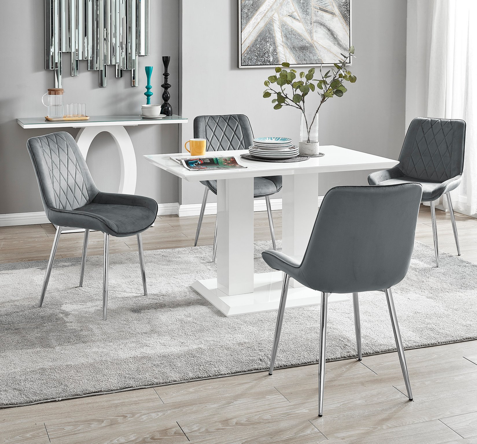 IMPERIA White High Gloss Pillar Dining Table and 4 Velvet Faux Leather Chairs - Picture 177 of 248