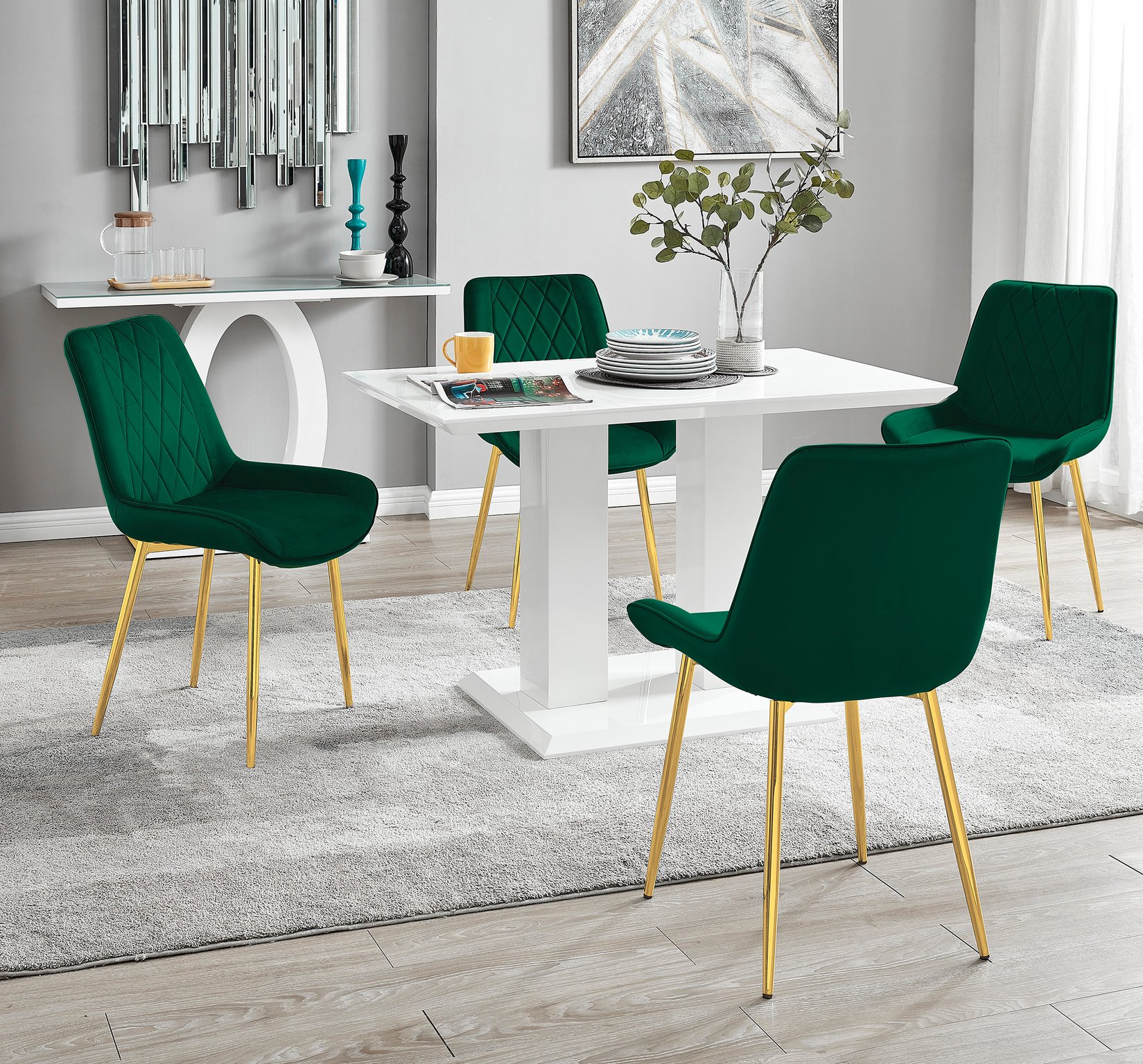 IMPERIA White High Gloss Pillar Dining Table and 4 Velvet Faux Leather Chairs - Picture 129 of 248