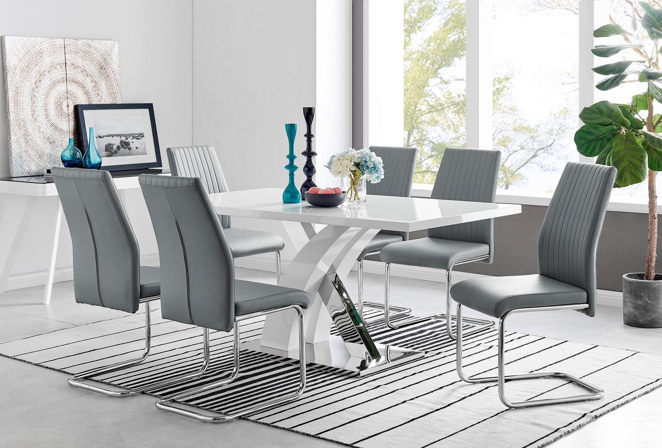 ATLANTA White High Gloss and Chrome Dining Table & 6 Faux Leather Lorenzo Chairs - Picture 38 of 61