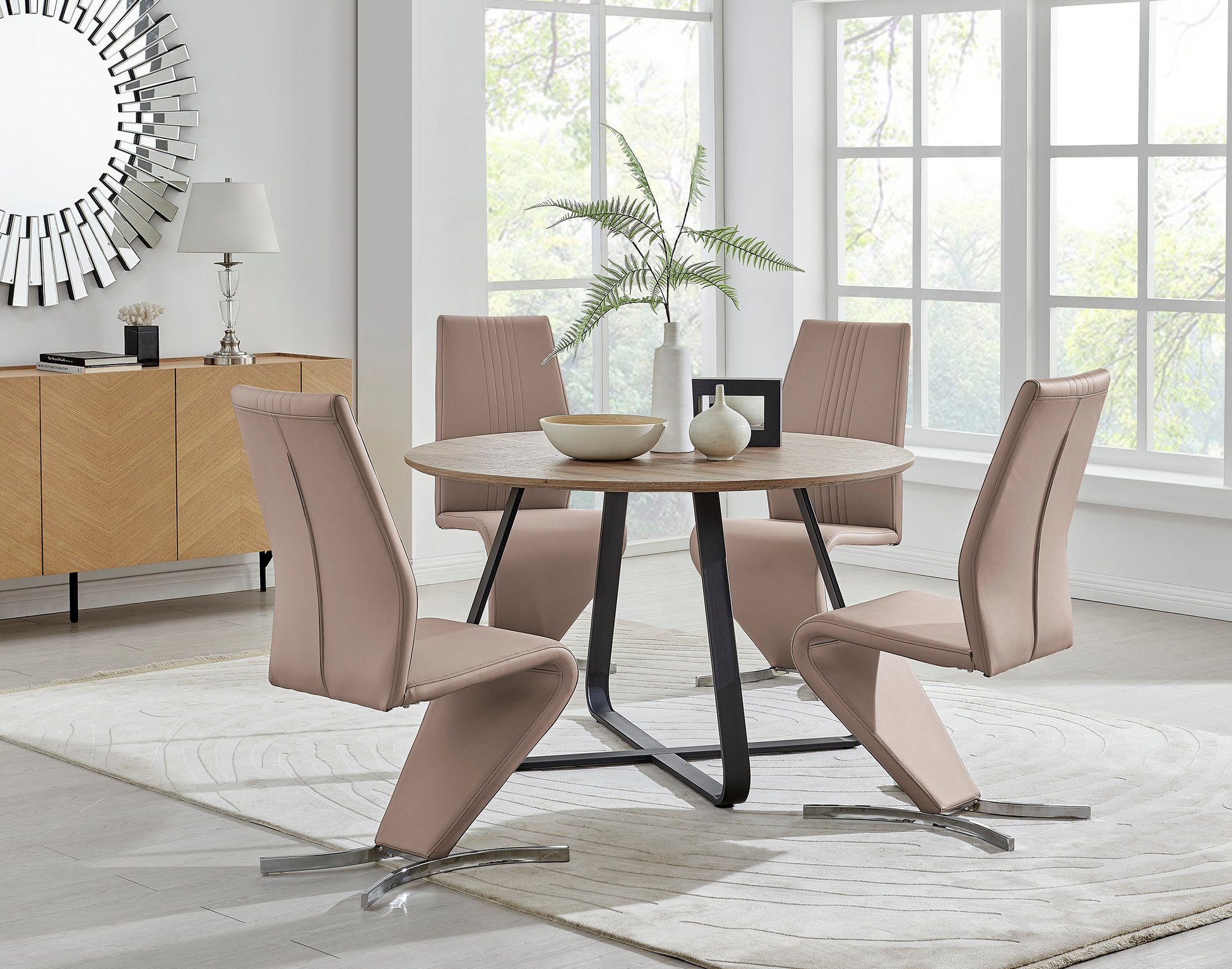 SANTORINI Brown Wood Round Dining Table And 4 Faux Leather Willow Chairs
