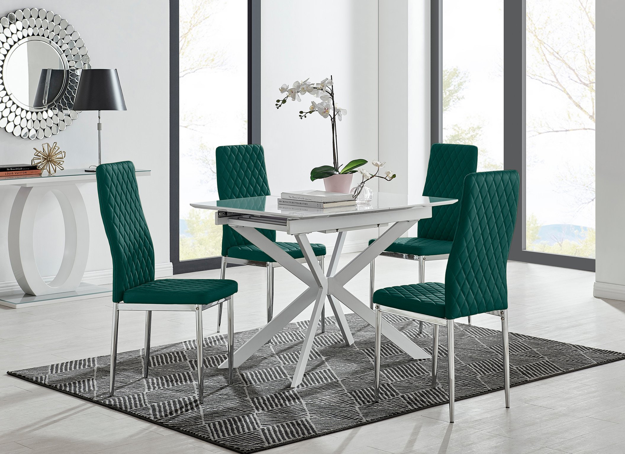 LIRA 100 Extending Dining Table and 4 Velvet Milan Chairs