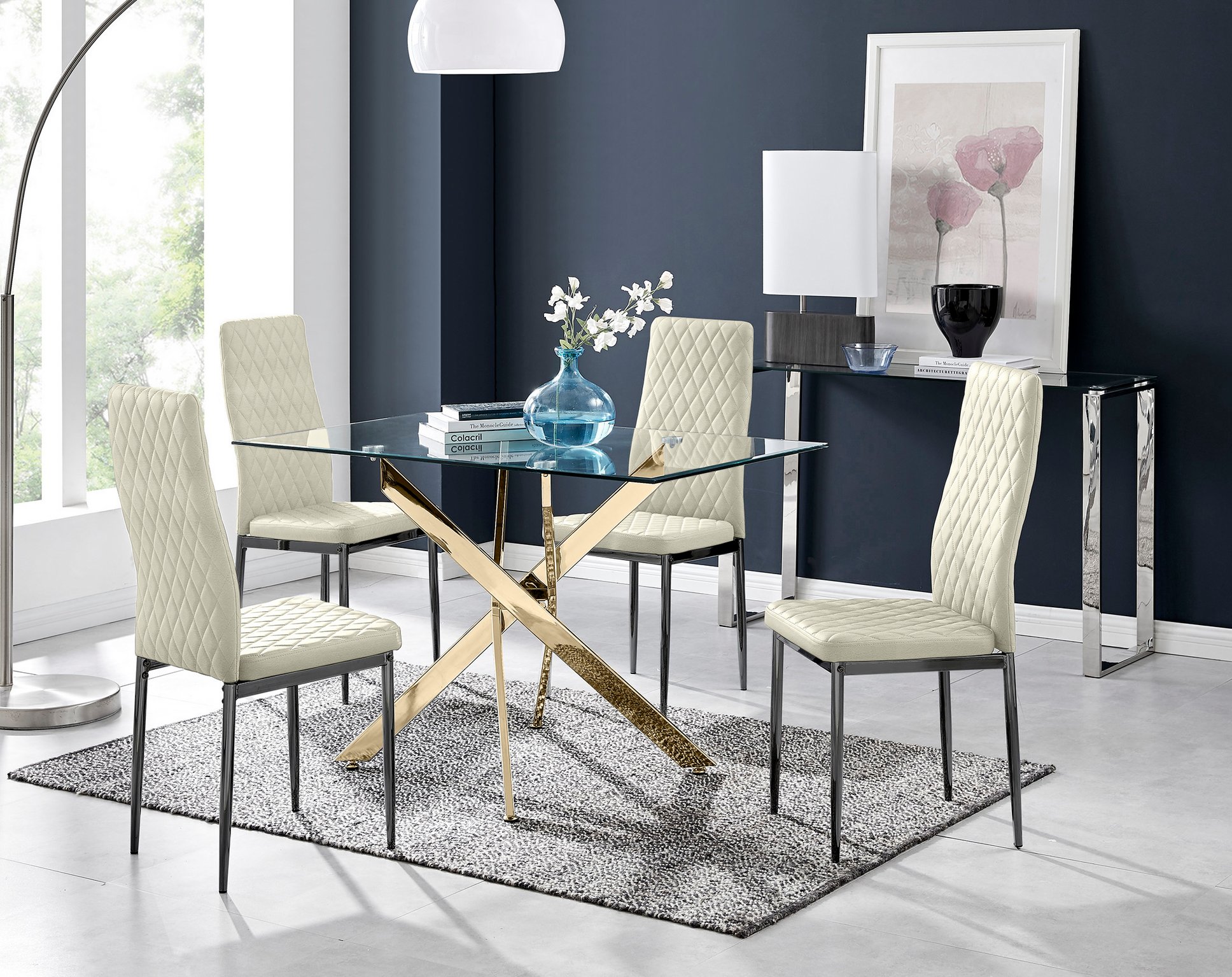 Leonardo 4 Gold Dining Table and 4 Velvet Milan Black Leg Chairs