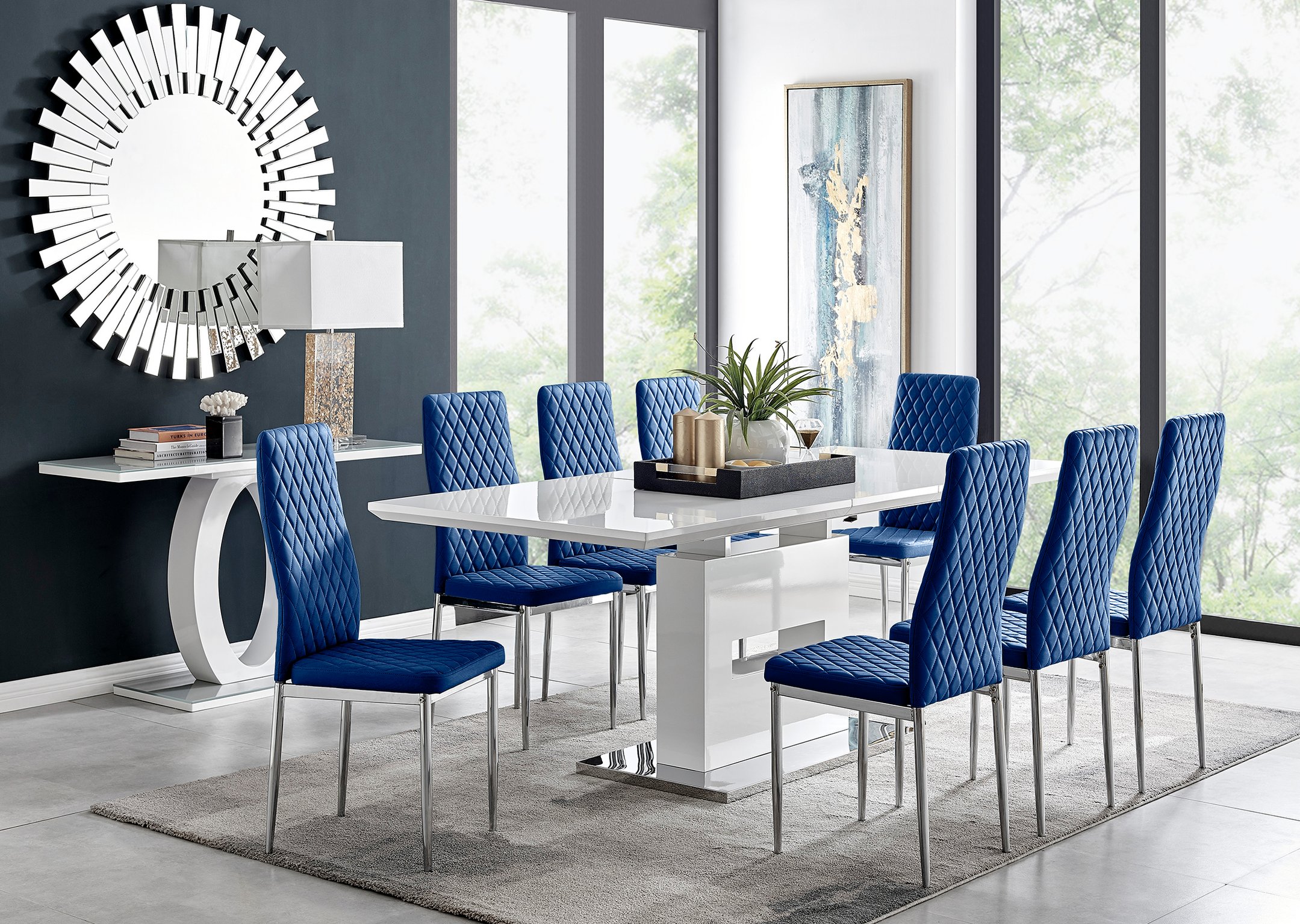 Arezzo Large Extending Dining Table and 8 Velvet Milan Chairs