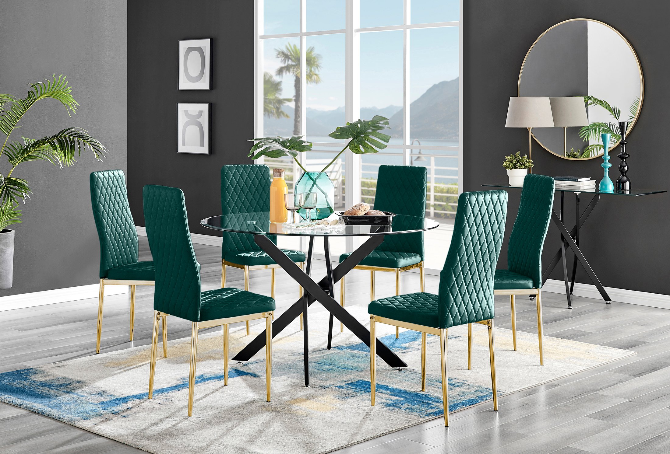 Novara Black Leg 120cm Round Glass Dining Table 6 Velvet Milan Gold Leg Chairs