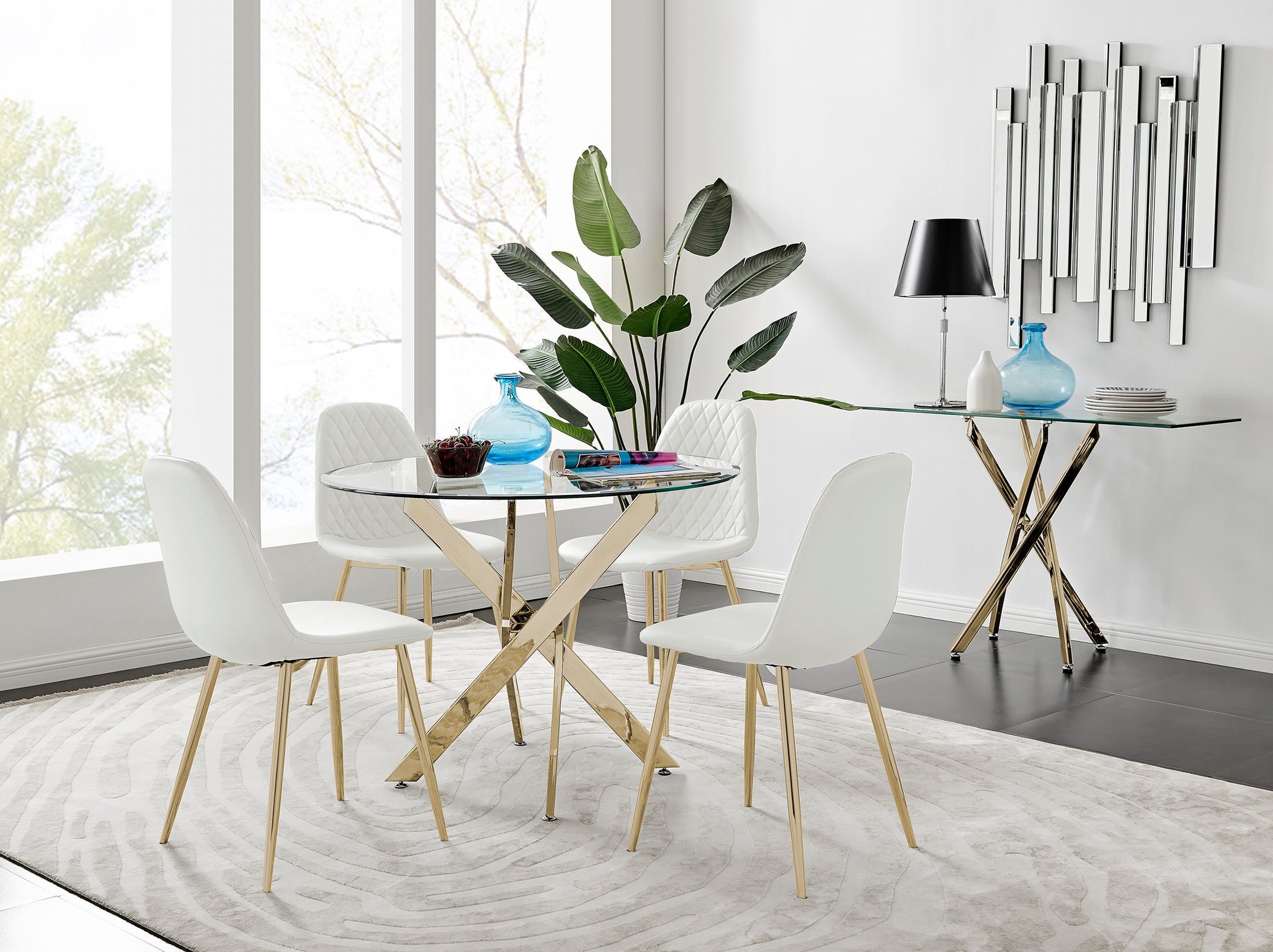 NOVARA Gold Round Tempered Glass Dining Table And 4 Faux Leather Dining Chairs - Picture 100 of 410