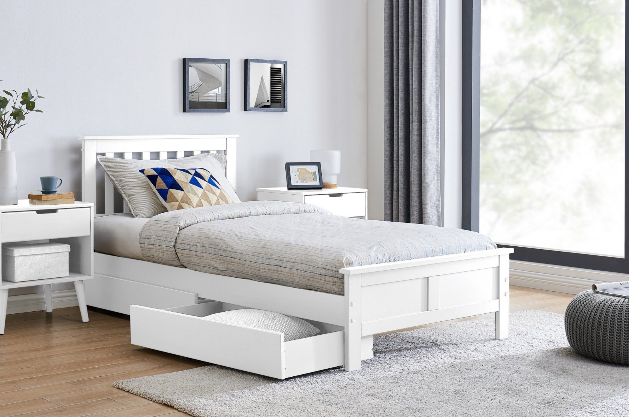 AZURE White Grey Wooden SINGLE/DOUBLE/KING Bed Frame Storage Drawers ...