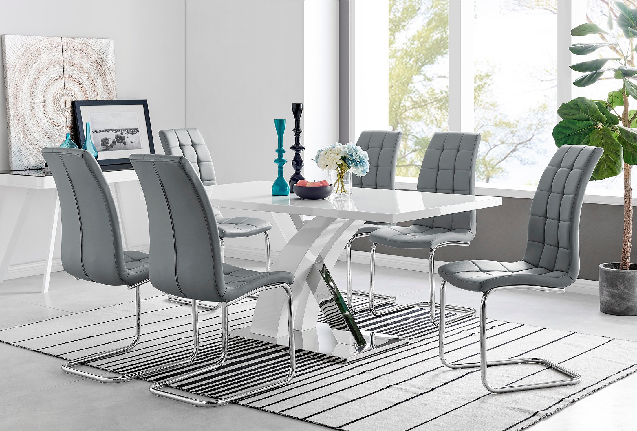 ATLANTA White High Gloss and Chrome Dining Table & 6 Faux Leather Murano Chairs - Picture 38 of 49