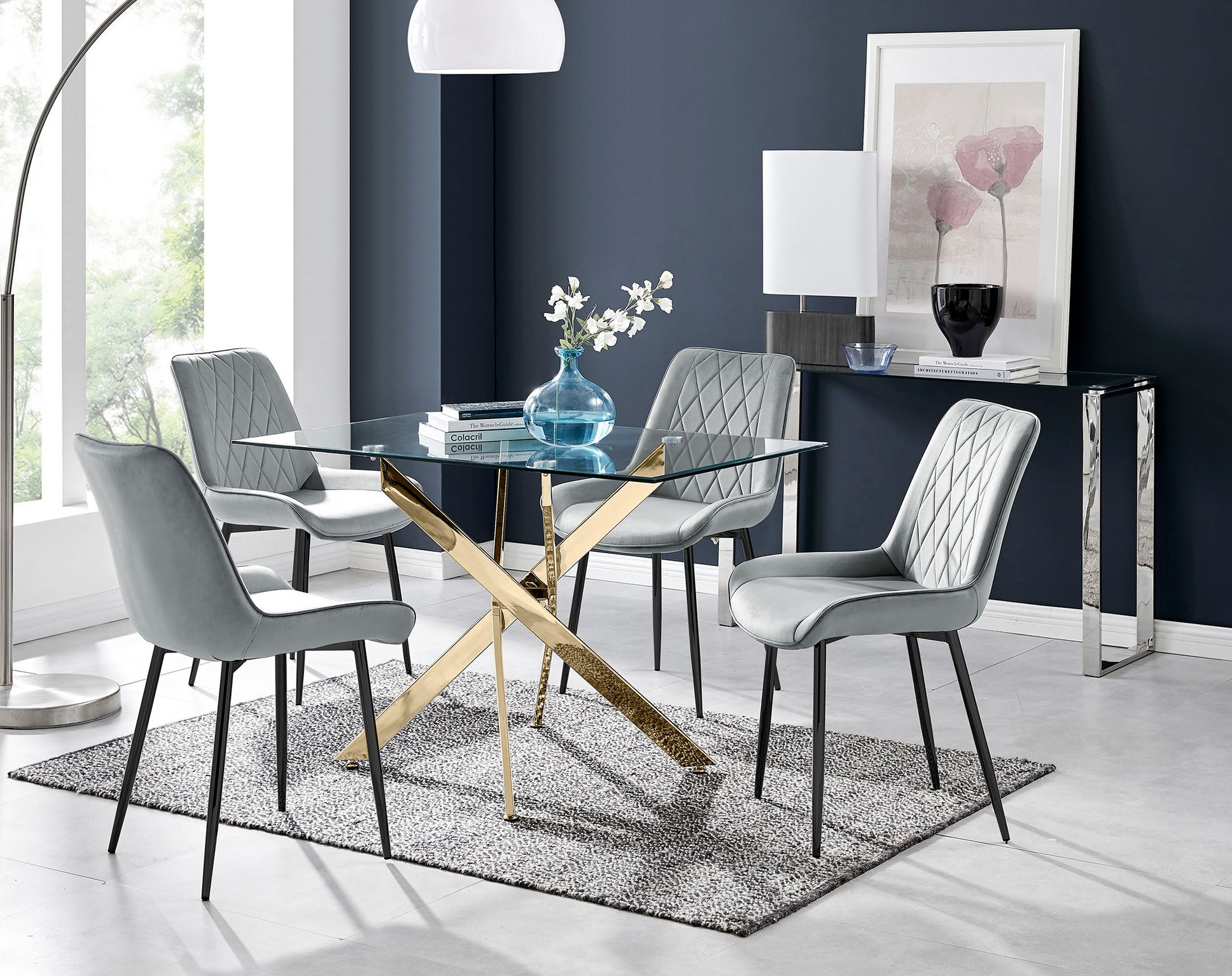 Louis Black Glass 120CM Dining Table +4 Velvet Chairs Choice Of 4 Styles  Chairs