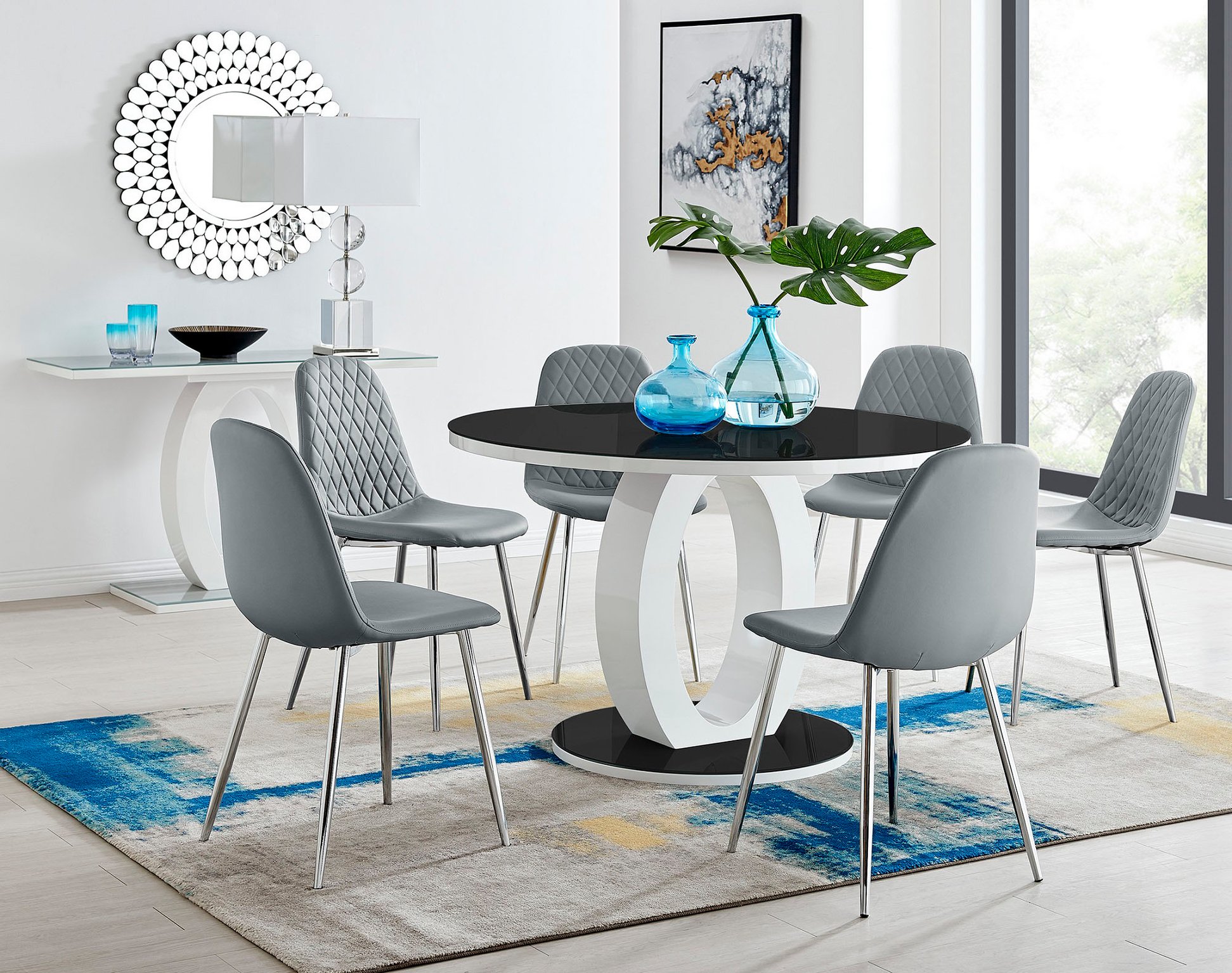 GIOVANI Round White Gloss and Black Glass Dining Table 4