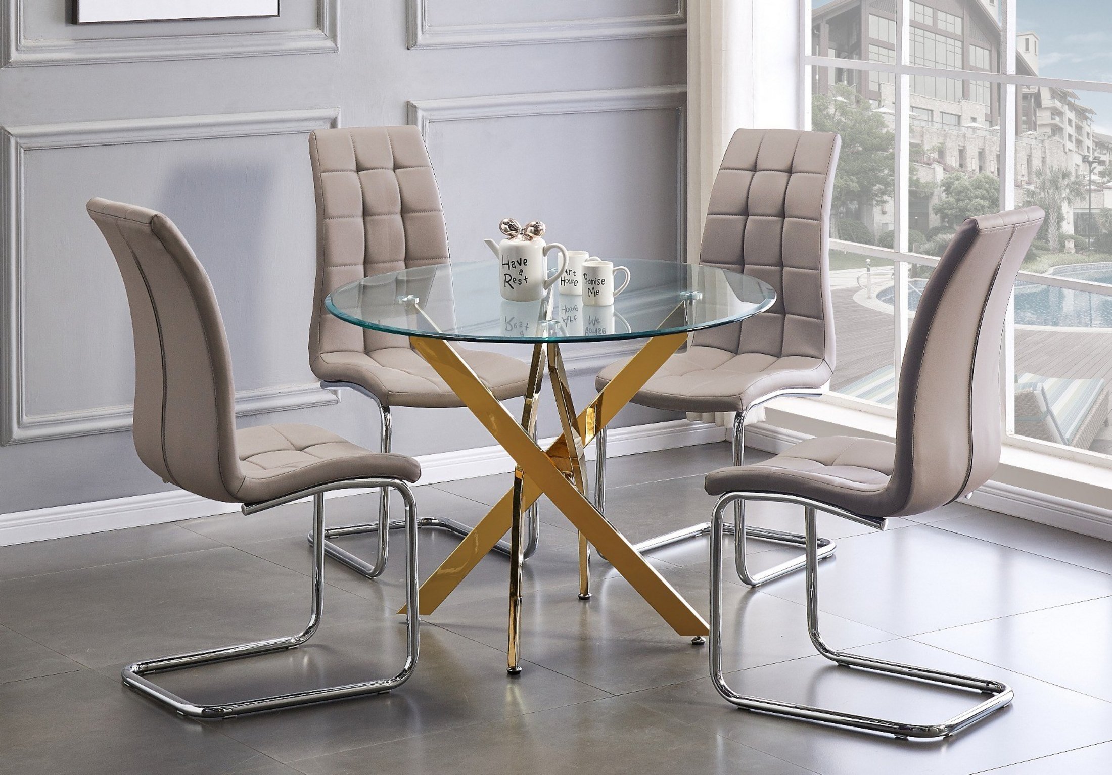 NOVARA Gold Round Tempered Glass Dining Table And 4 Faux Leather Dining Chairs - Picture 400 of 410