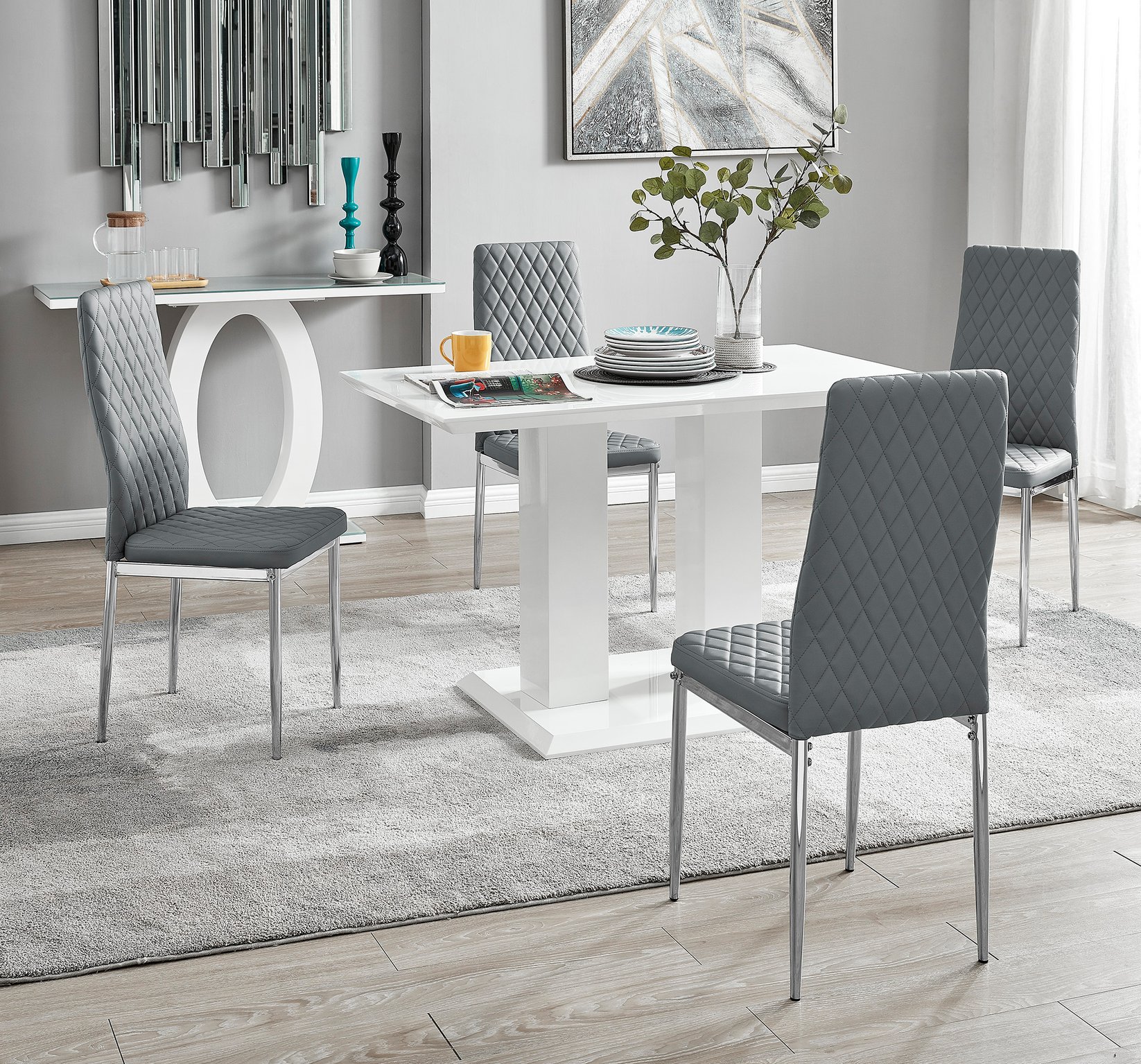 IMPERIA White High Gloss Dining Table & 4 Faux Leather Milan Dining Chairs - Picture 19 of 122