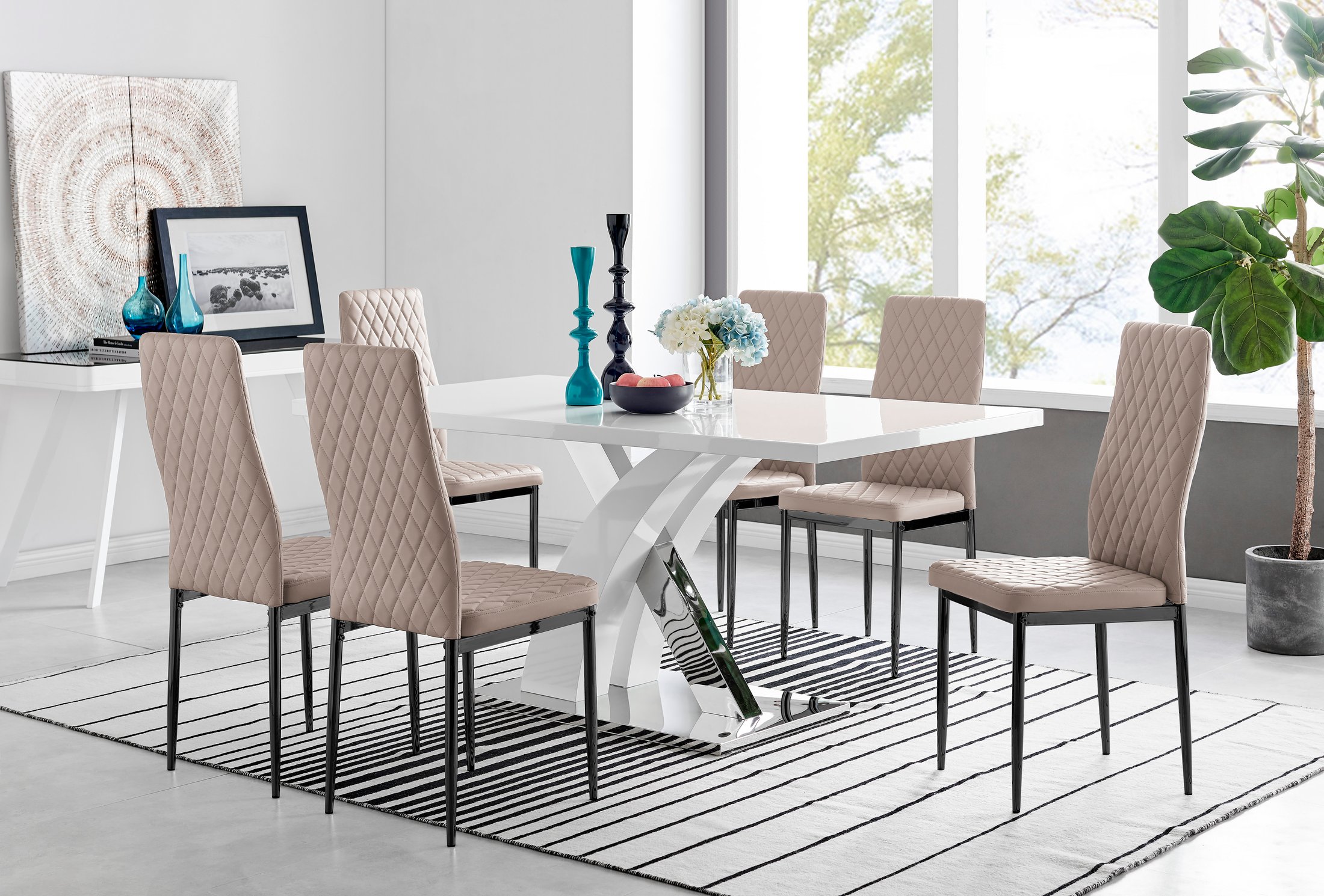 ATLANTA White High Gloss and Chrome Dining Table & 6 Faux Leather Milan Chairs - Picture 140 of 157