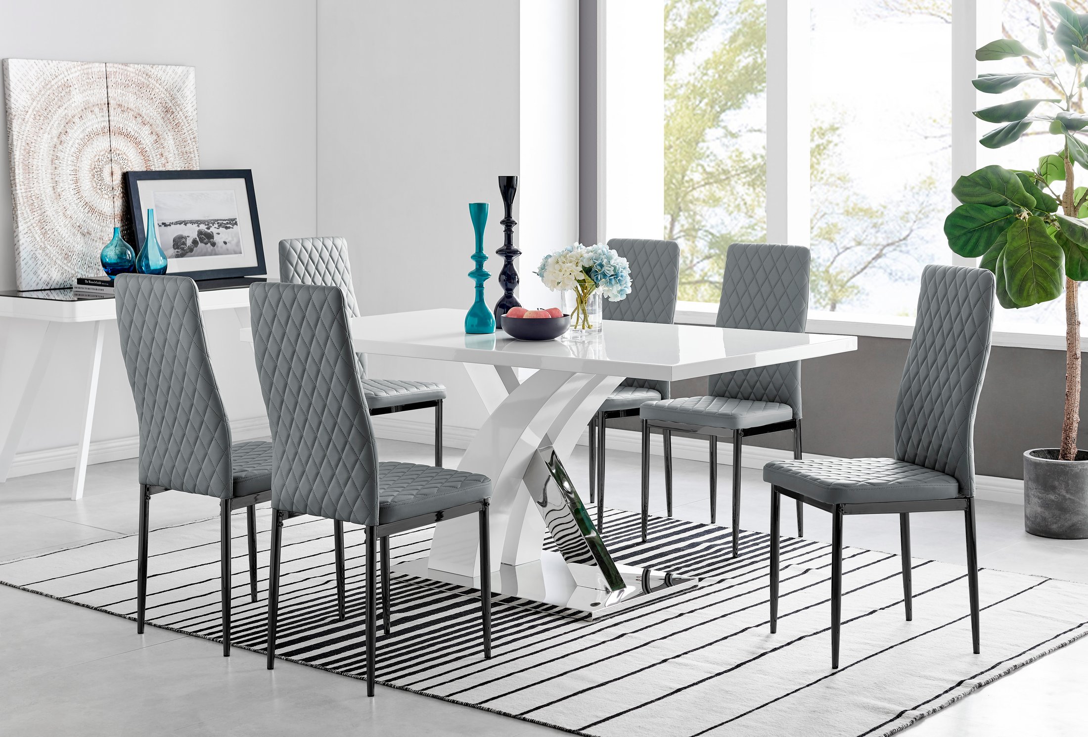 ATLANTA White High Gloss and Chrome Dining Table & 6 Faux Leather Milan Chairs - Picture 131 of 157