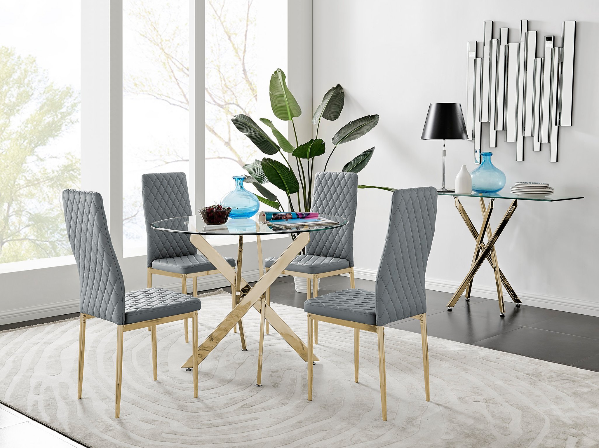 NOVARA Gold Round Tempered Glass Dining Table And 4 Faux Leather Dining Chairs - Picture 180 of 410