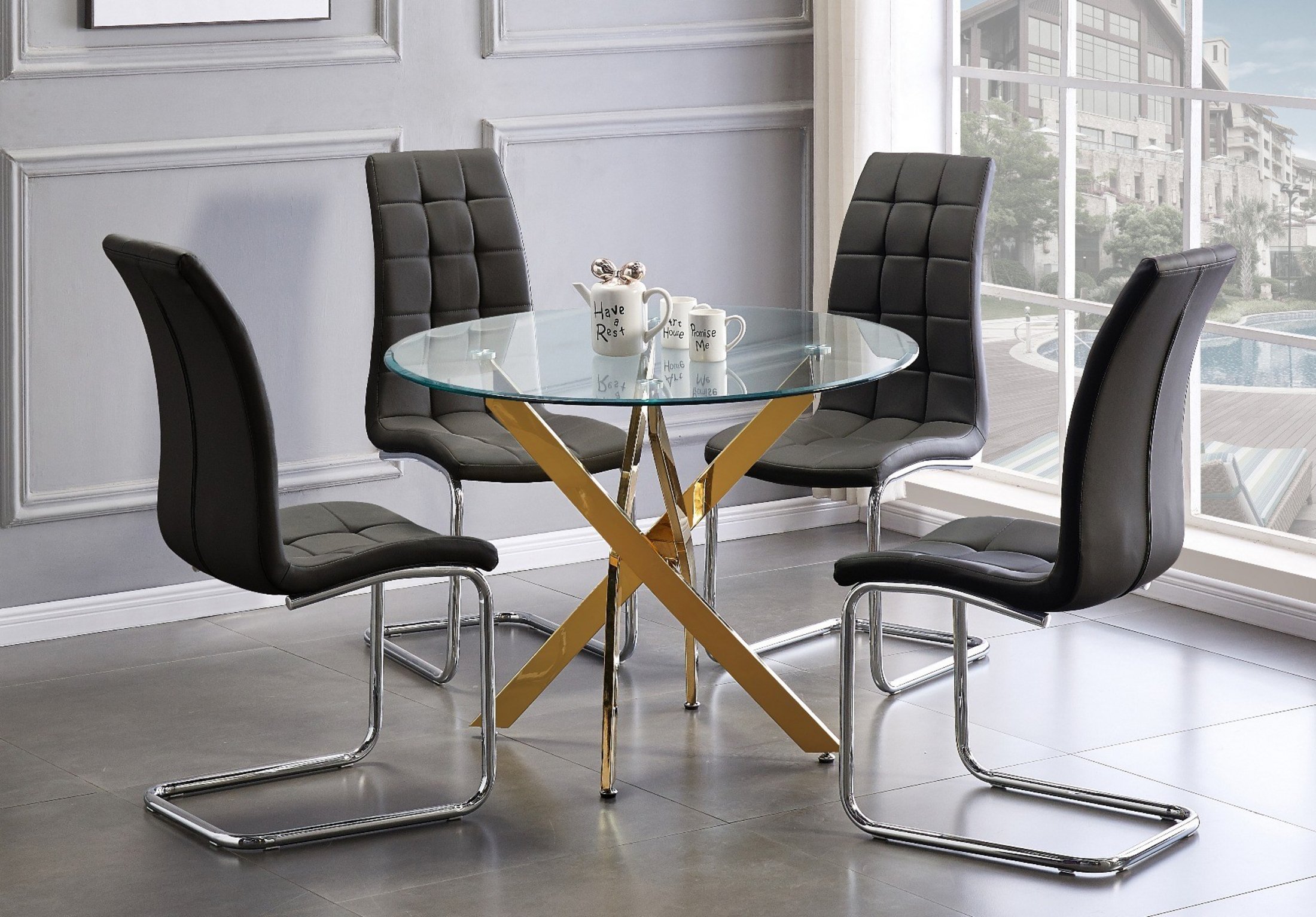 NOVARA Gold Round Tempered Glass Dining Table And 4 Faux Leather Dining Chairs - Picture 389 of 410