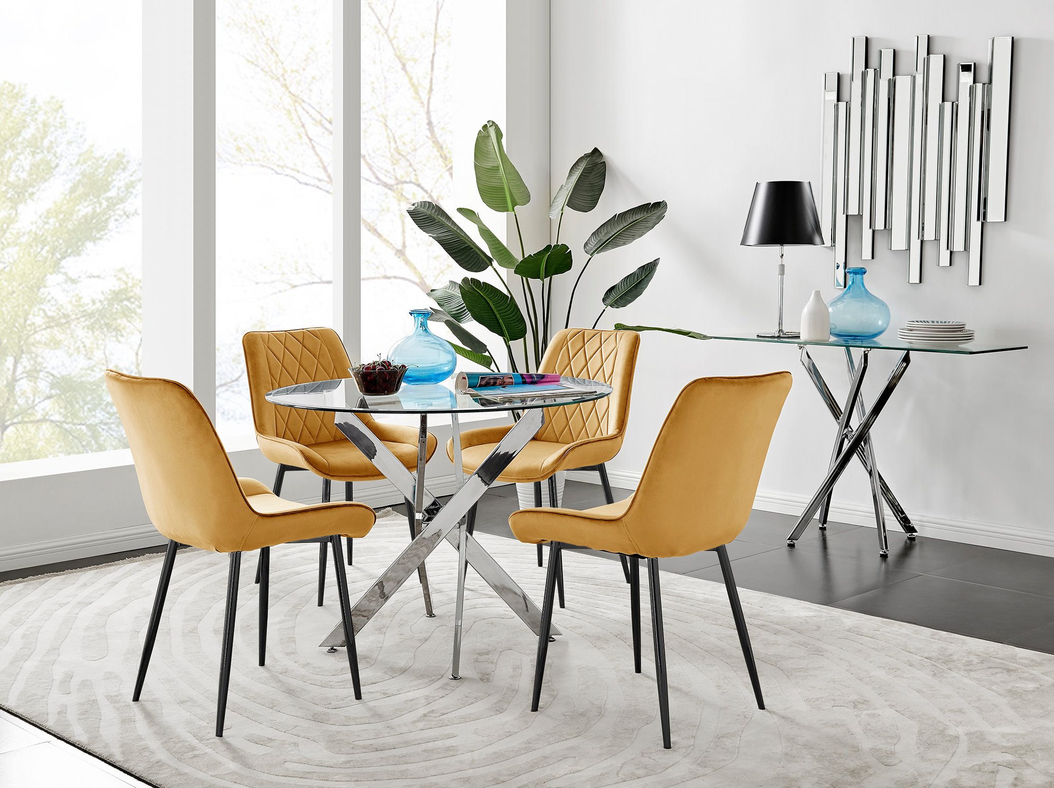 NOVARA Chrome Round Glass Dining Table and 4 Luxury Velvet Dining Chairs - Picture 225 of 248
