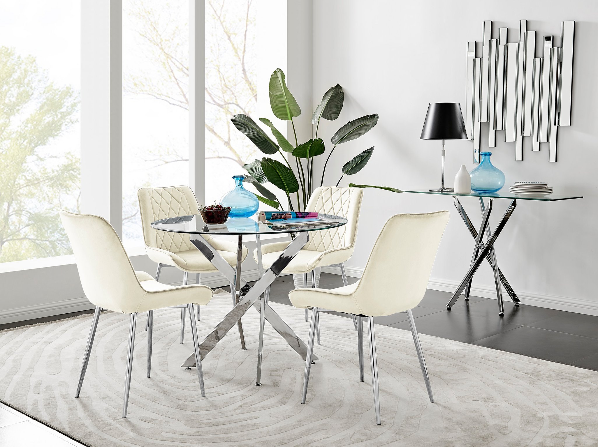 NOVARA Chrome Round Glass Dining Table and 4 Luxury Velvet Dining Chairs - Picture 165 of 248