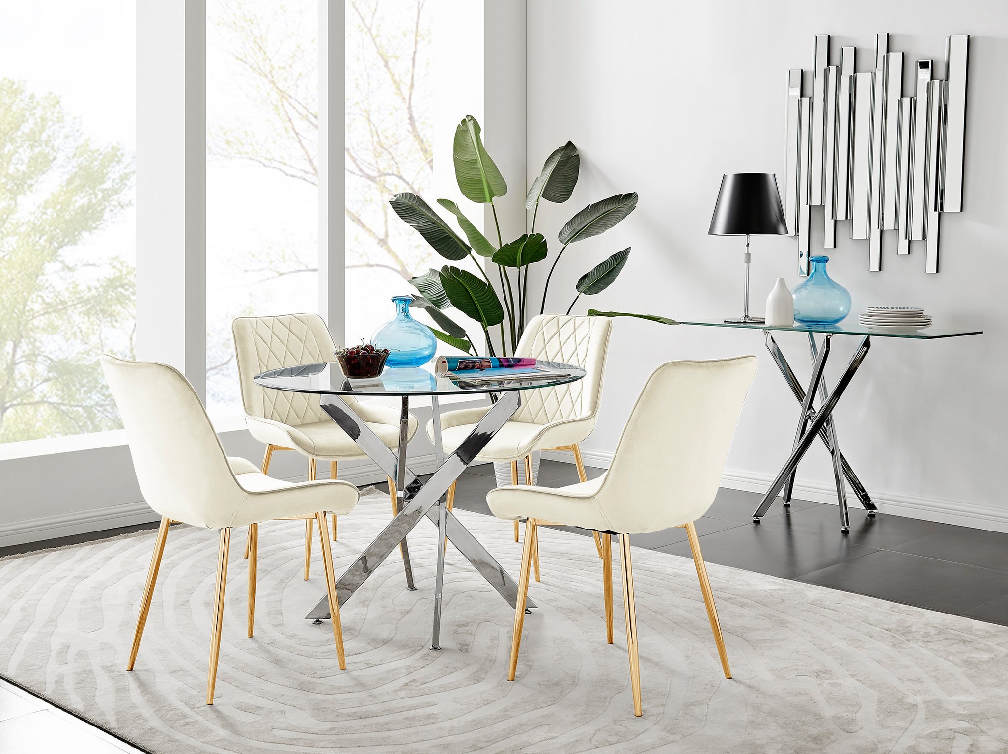 NOVARA Chrome Round Glass Dining Table and 4 Luxury Velvet Dining Chairs - Picture 177 of 248