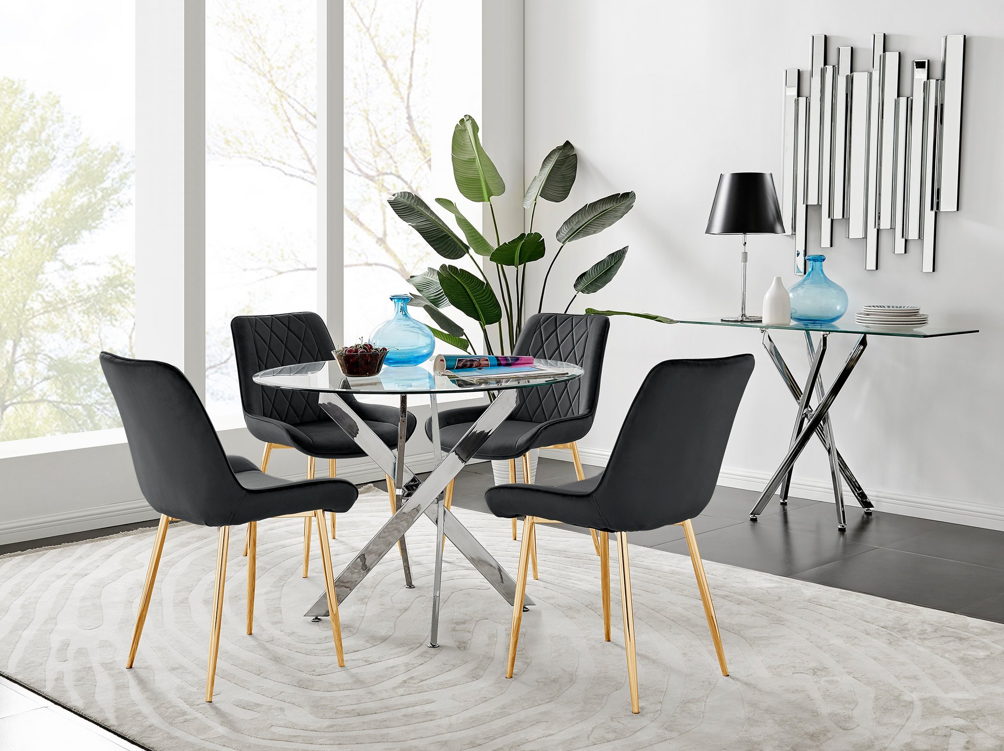 NOVARA Chrome Round Glass Dining Table and 4 Luxury Velvet Dining Chairs - Picture 141 of 248