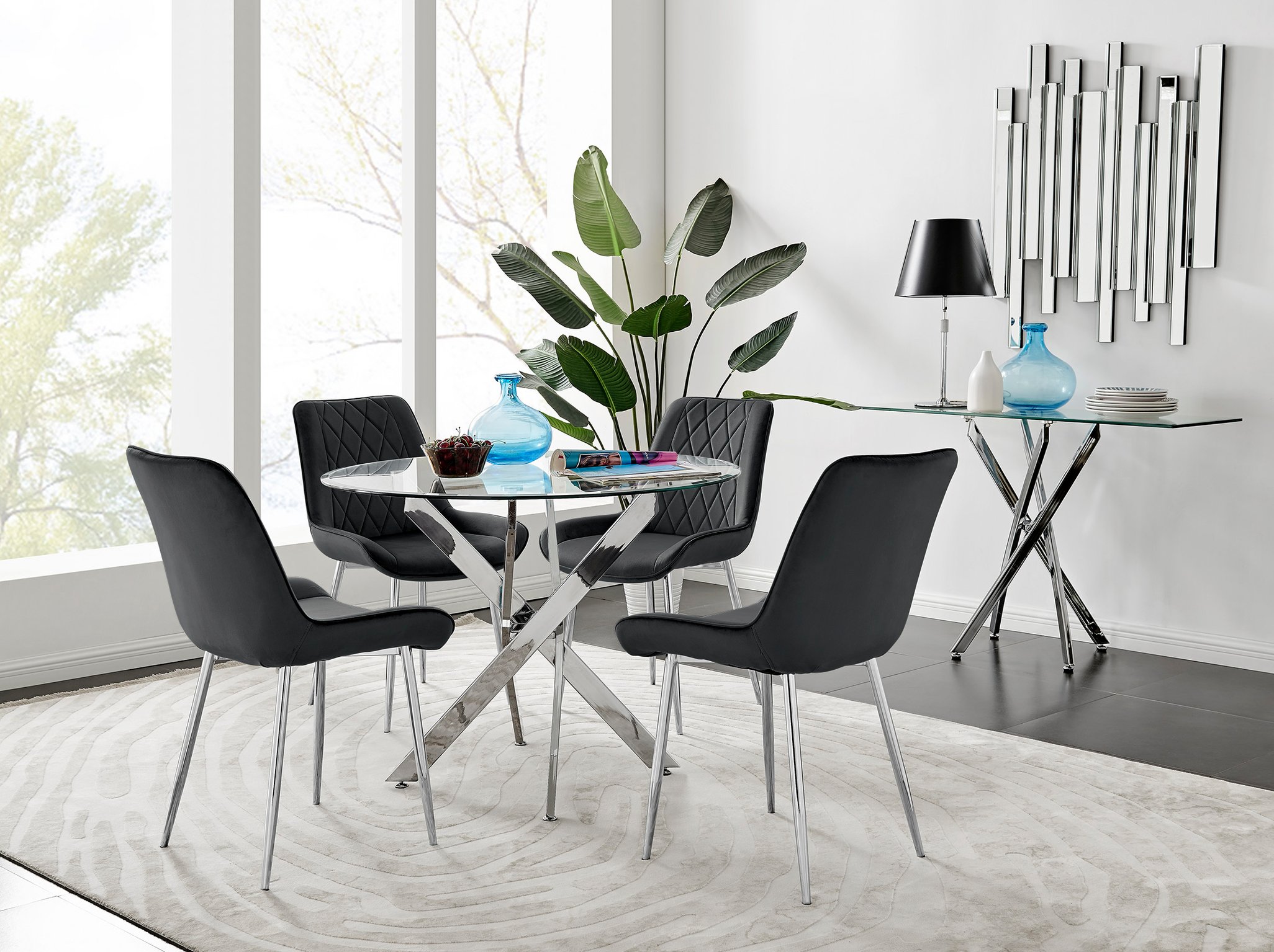 NOVARA Chrome Round Glass Dining Table and 4 Luxury Velvet Dining Chairs - Picture 129 of 248