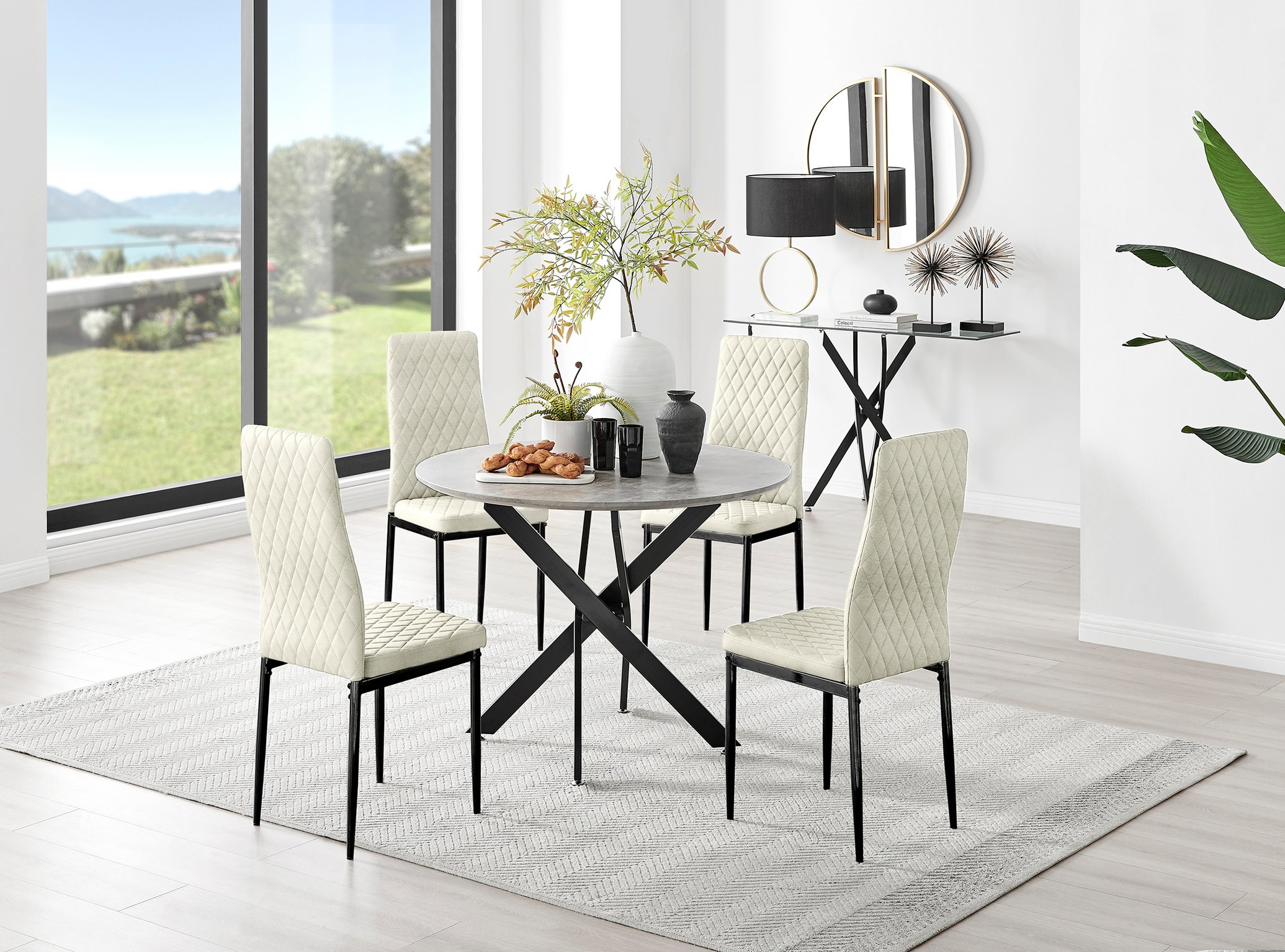 Novara Grey Concrete Effect Black Leg Round Dining Table & 4 Velvet Milan Black