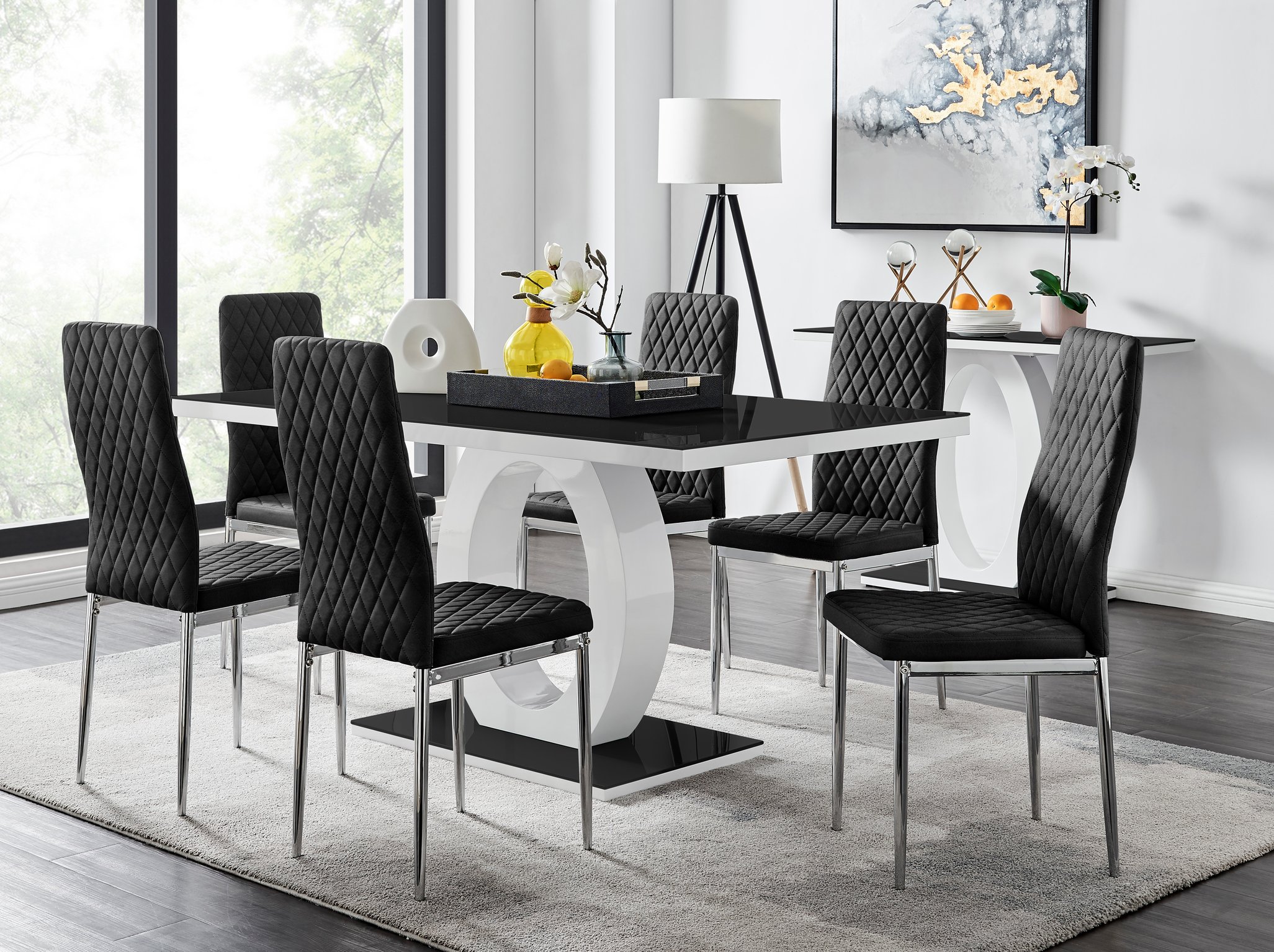 Giovani 6 Black Dining Table & 6 Velvet Milan Chairs