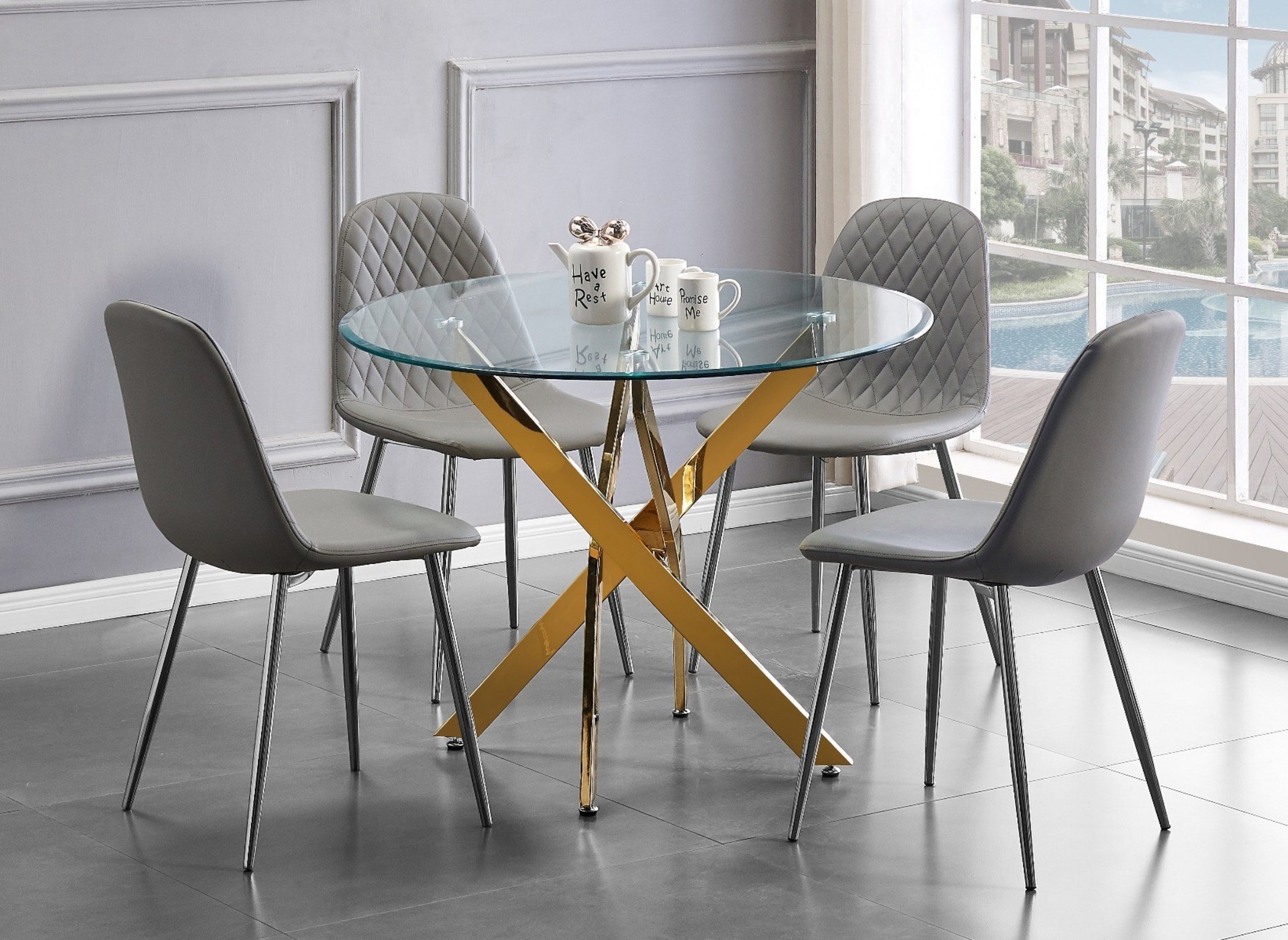 NOVARA Gold Round Tempered Glass Dining Table And 4 Faux Leather Dining Chairs - Picture 134 of 410