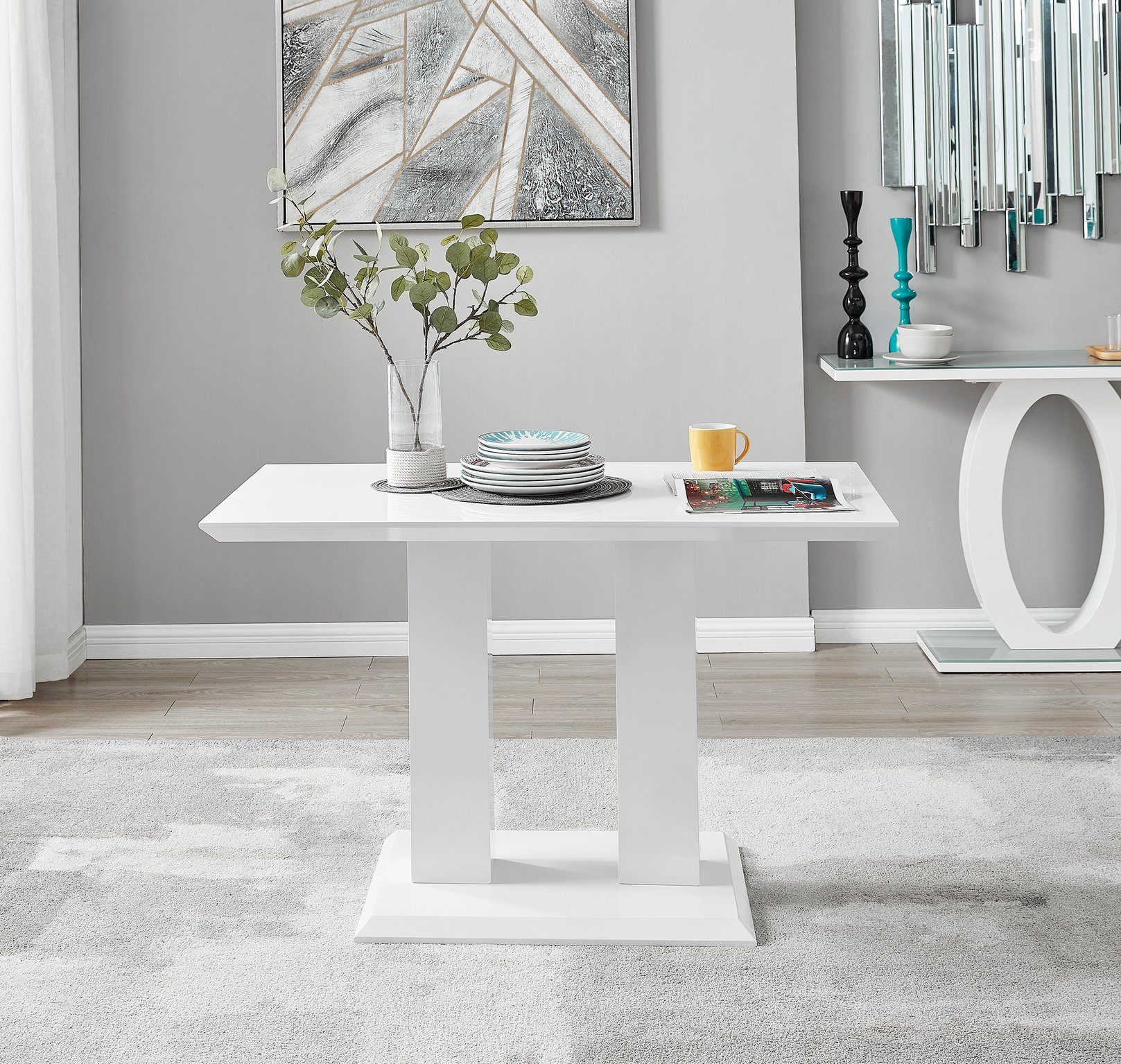 IMPERIA White High Gloss Pillar Dining Table and 4 Velvet Faux Leather Chairs - Picture 70 of 248
