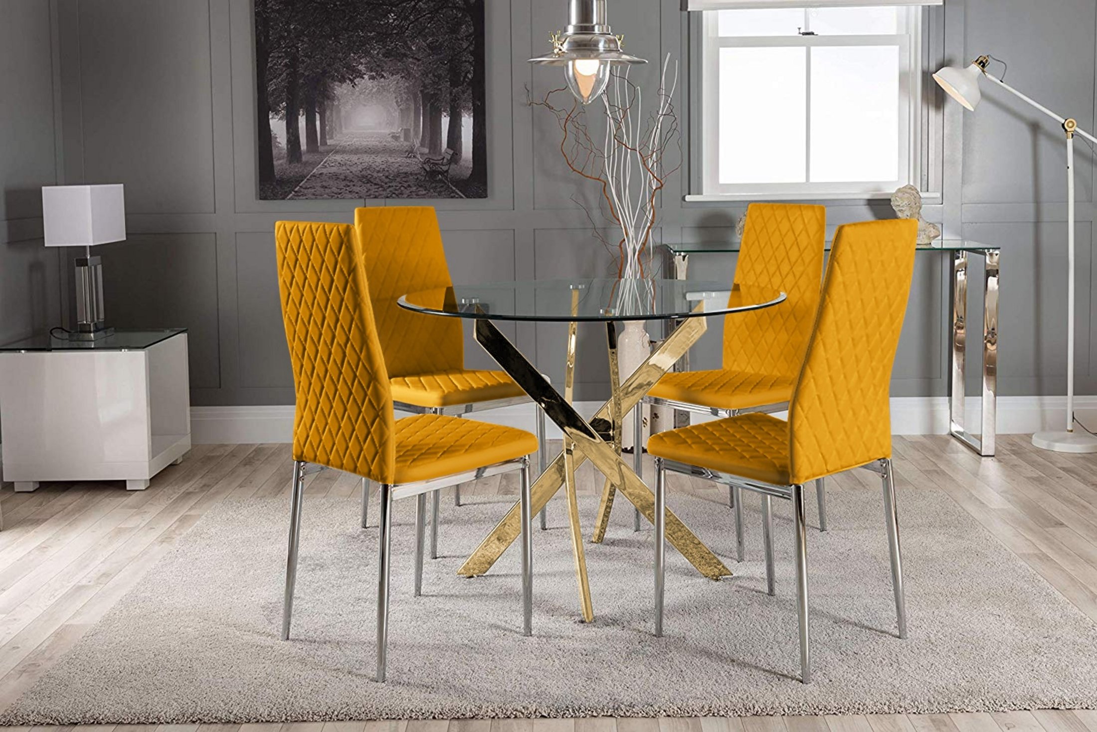 NOVARA Gold Round Tempered Glass Dining Table And 4 Faux Leather Dining Chairs - Picture 216 of 410