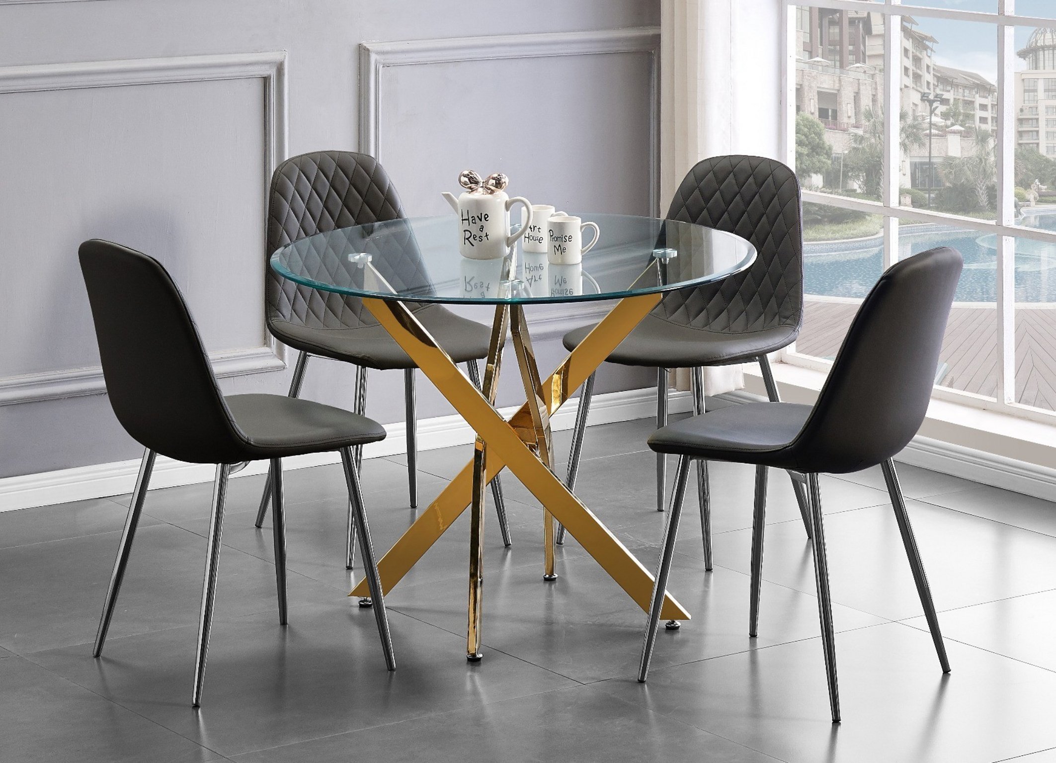 NOVARA Gold Round Tempered Glass Dining Table And 4 Faux Leather Dining Chairs - Picture 2 of 410