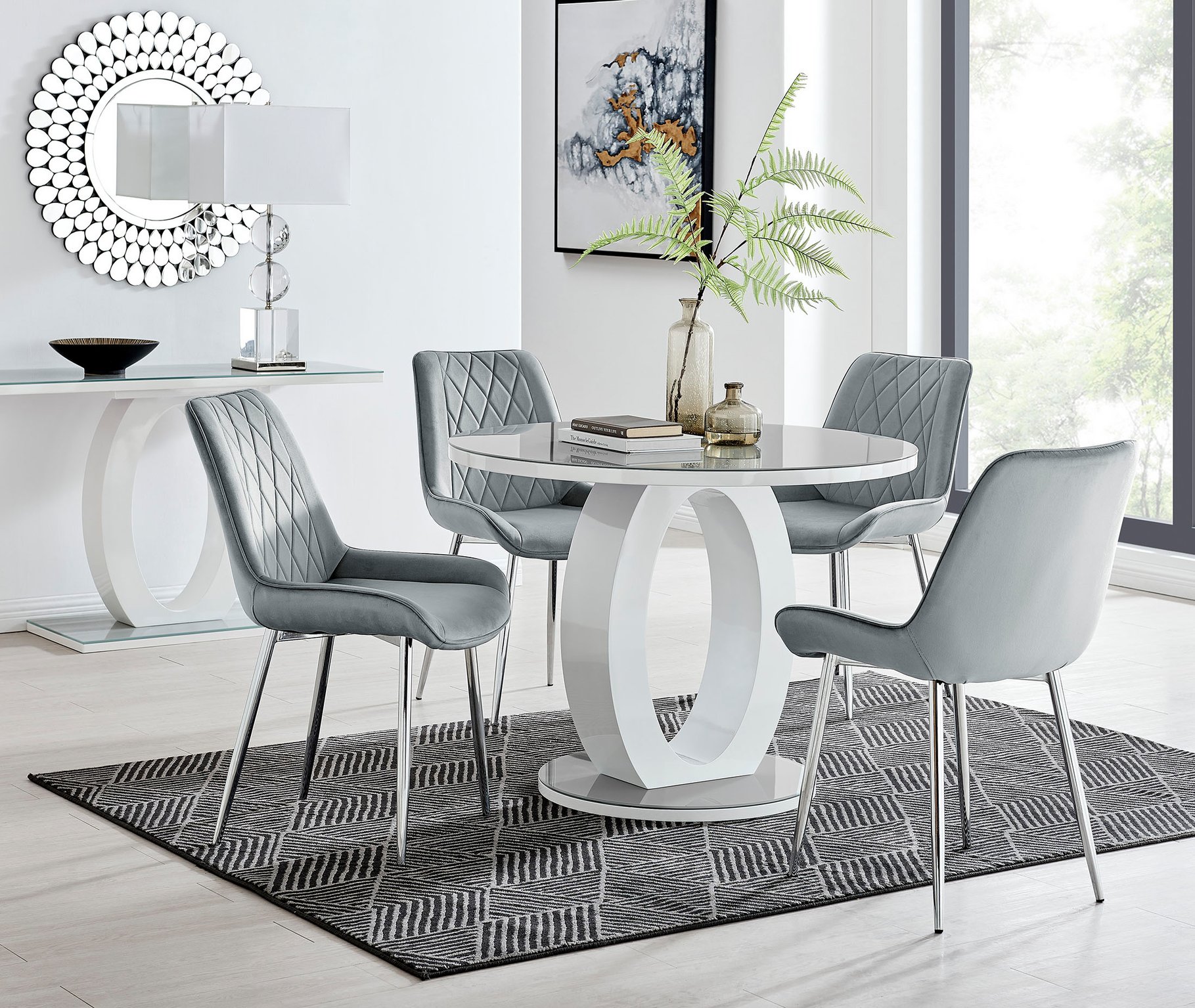 white gloss dining table grey chairs