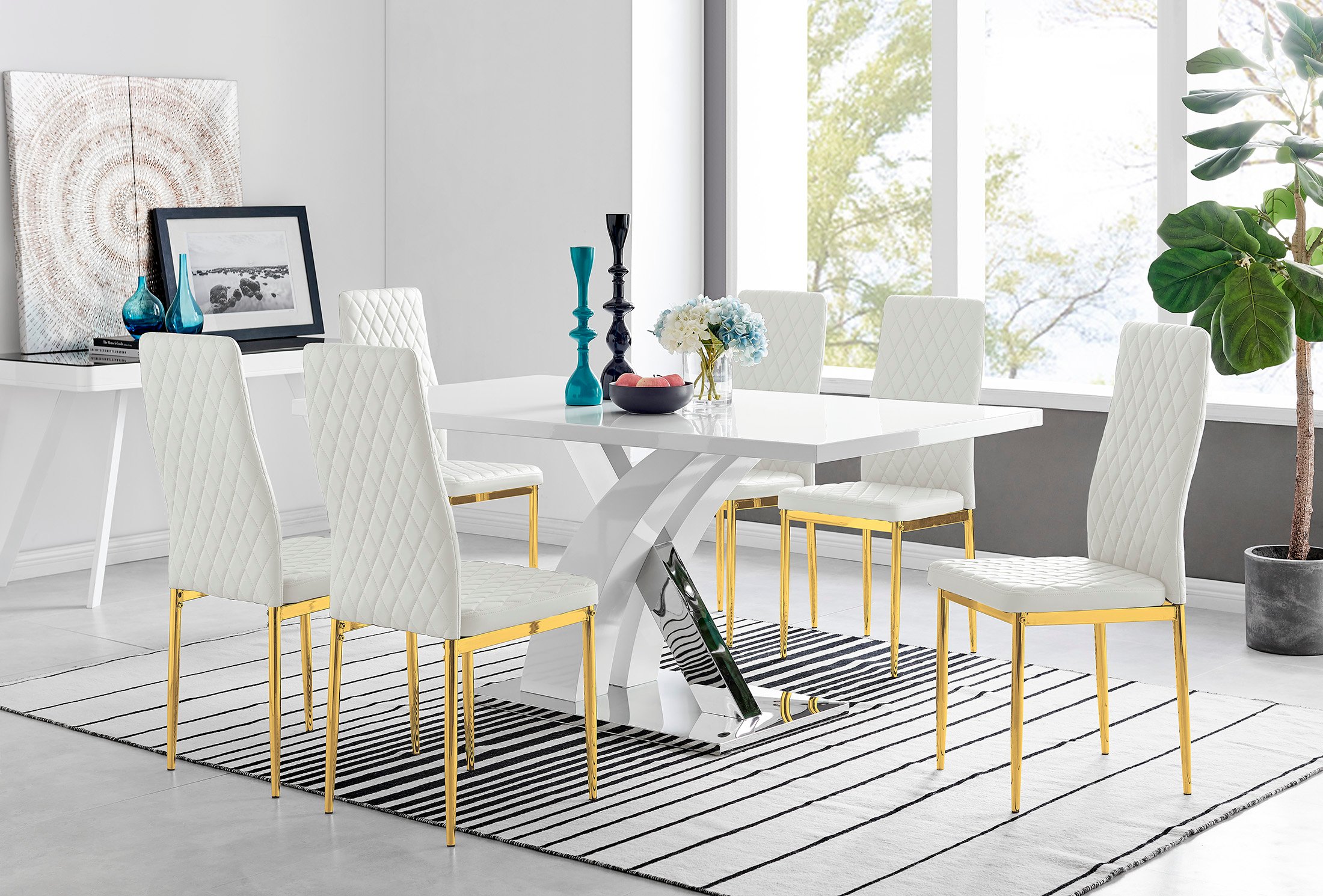 ATLANTA White High Gloss and Chrome Dining Table & 6 Faux Leather Milan Chairs - Picture 110 of 157